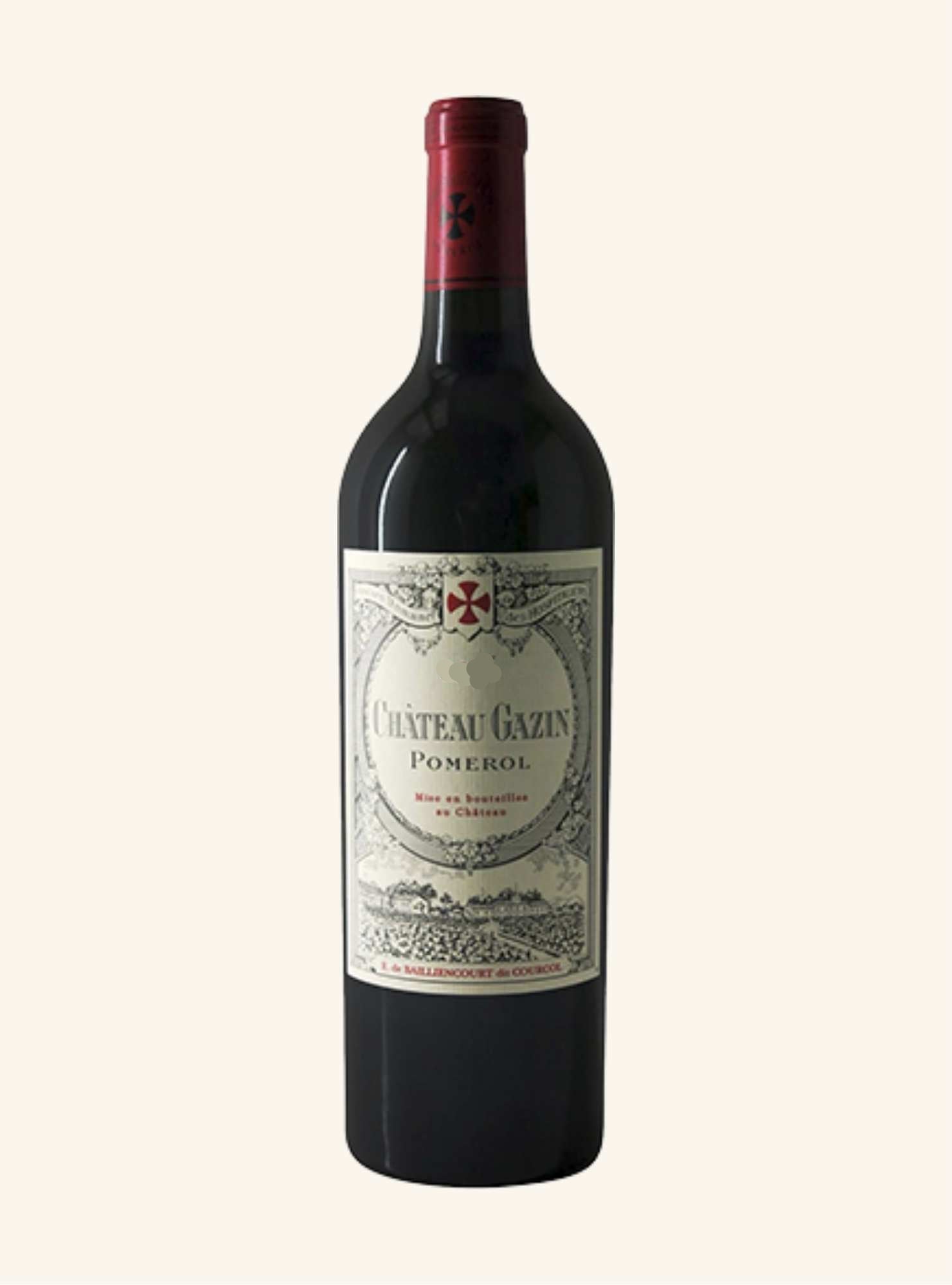 Red wine bottle with a visible label branded chateau gazin pomerol on a white background