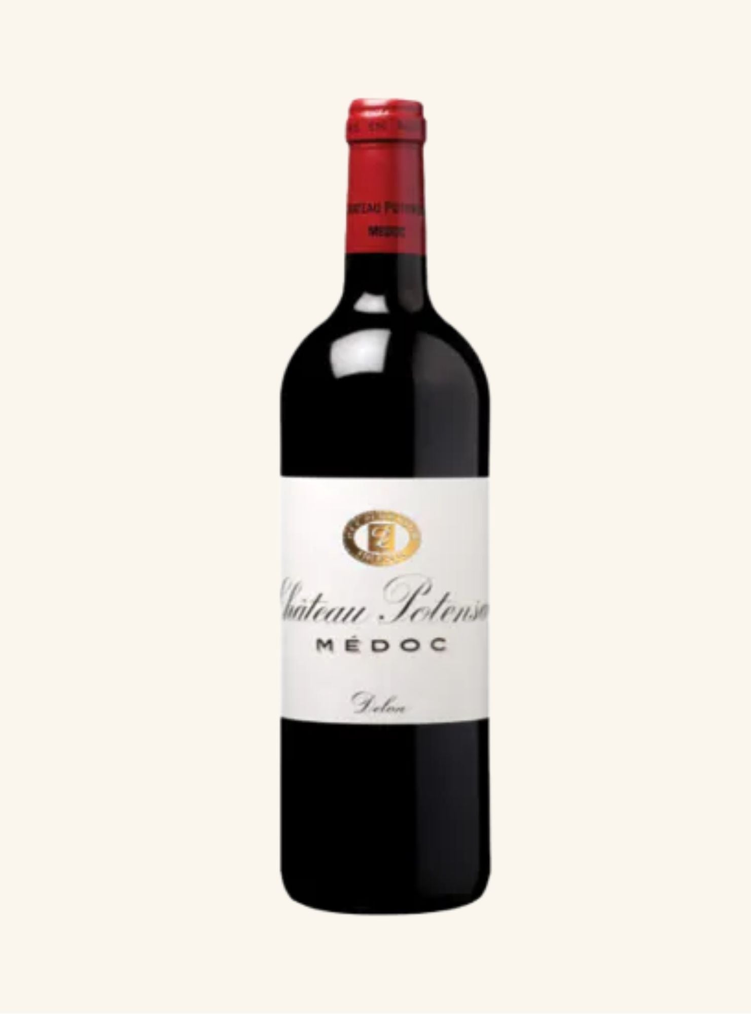 Red wine bottle with a white label branded chateau potensac on a white background