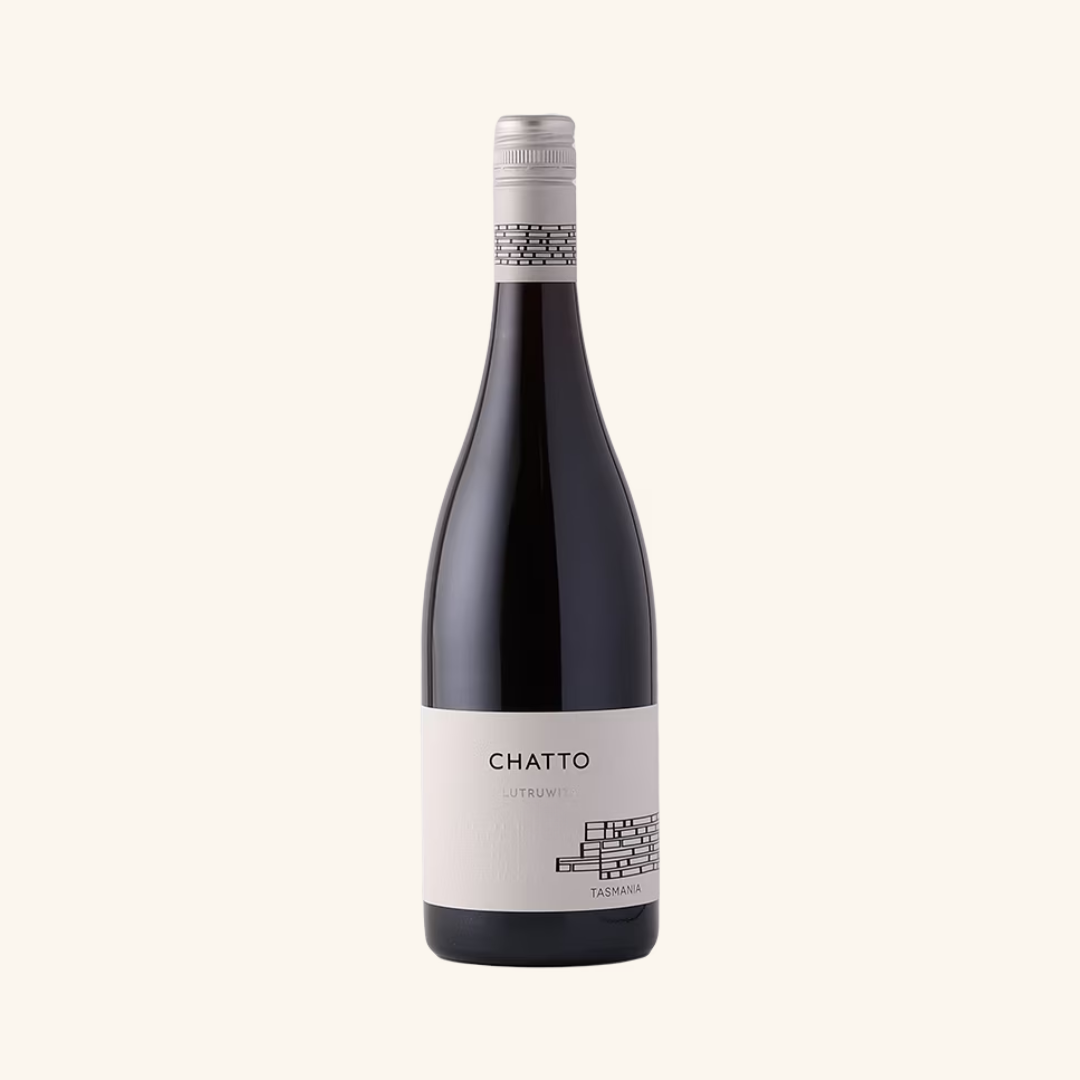 A bottle of Chatto Lutruwita Pinot Noir wine with a label that includes the name 'CHATTO' and the variety 'PINOT NOIR'.