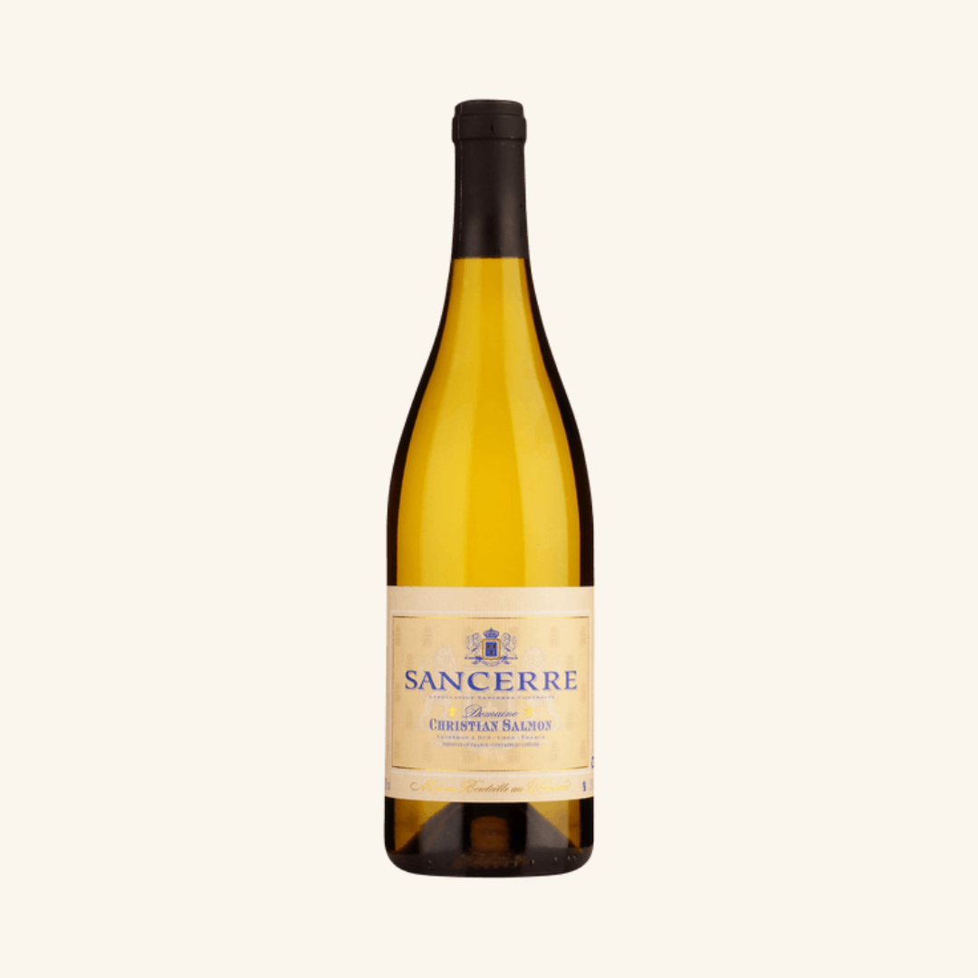 Bottle of Domaine Christian Salmon Sancerre wine with a yellow label and black cap.