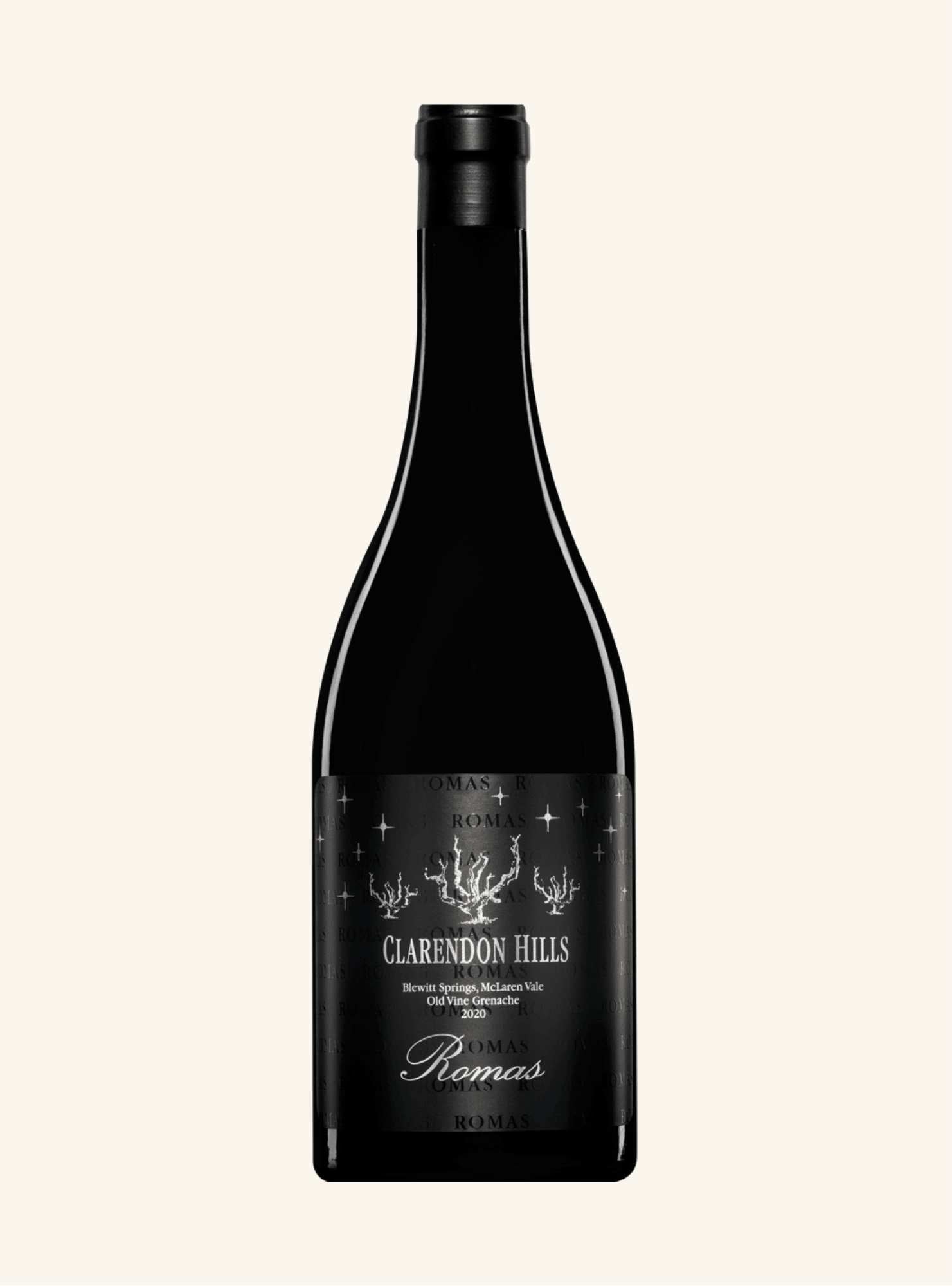 Bottle of red wine with a visible label branded Clarendon hills romas on a white background