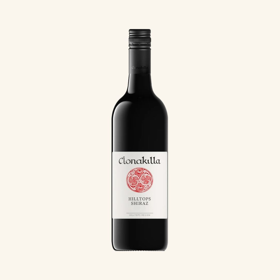 Wine bottle with Clonakilla hilltops shiraz label on a white background