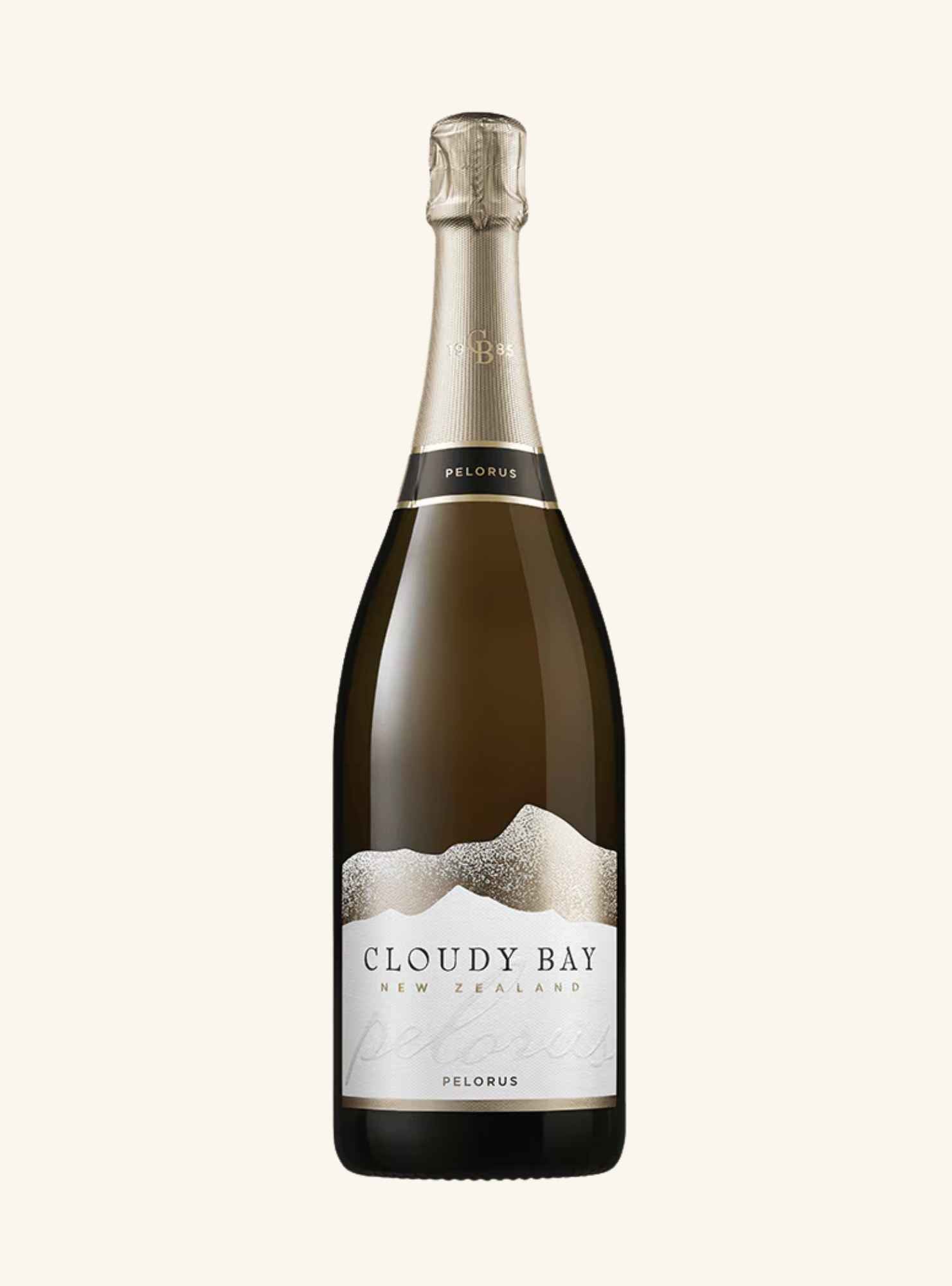 A bottle of Cloudy Bay New Zealand Pelorus sparkling wine, featuring a dark glass bottle with a silver foil capsule and a white label with a mountain graphic, set against a solid off-white background.