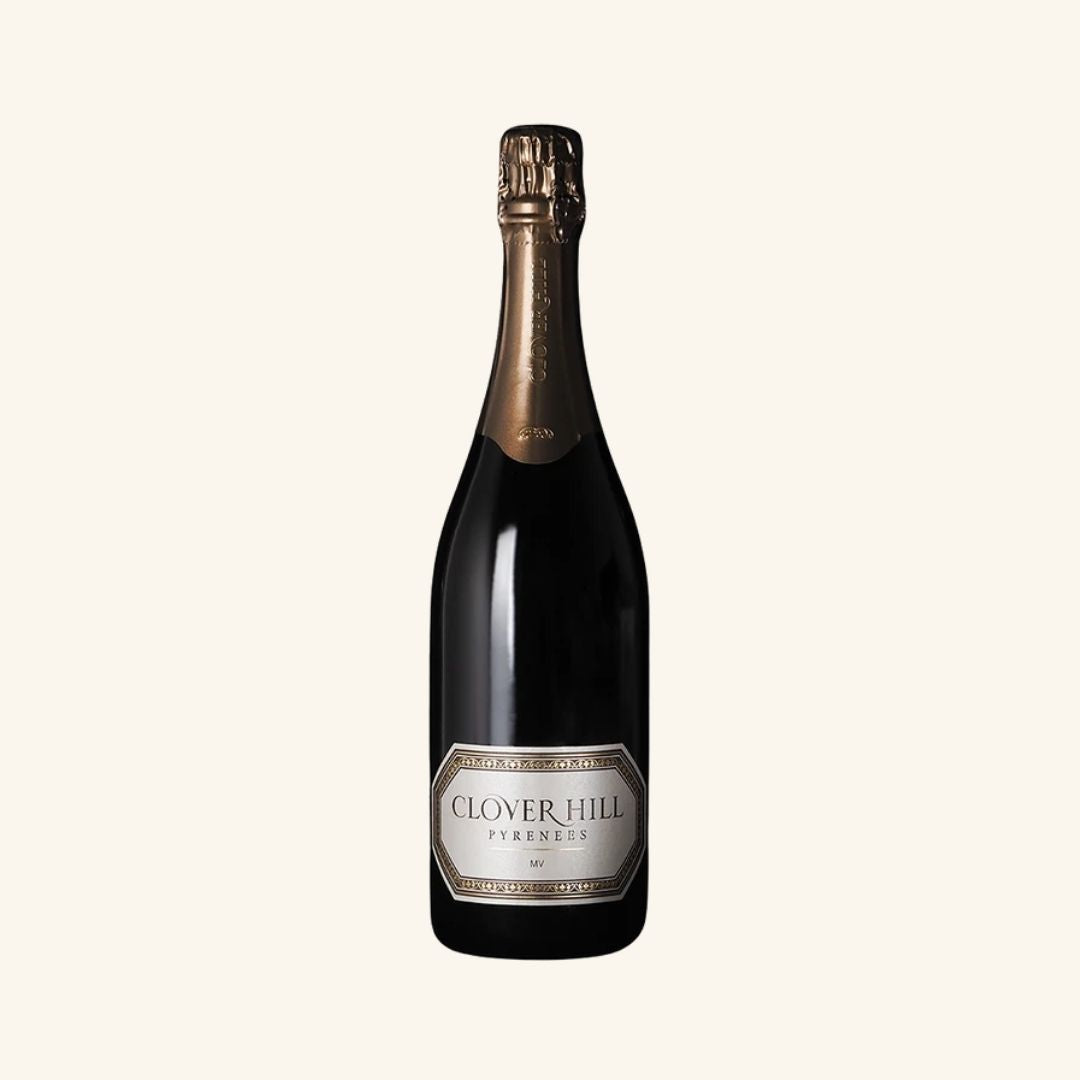 sparkling wine bottle branded clover hill pyrenees on a white background.