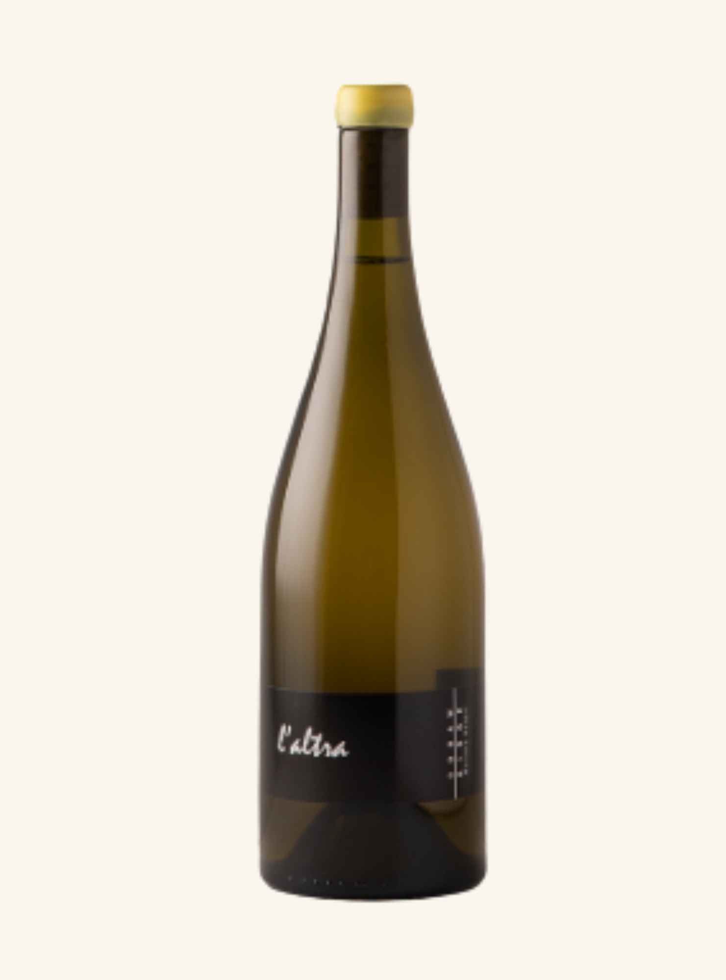 bottle of white wine branded l'altra by cobaw rigde, with a yellow wax cap and on a white background.