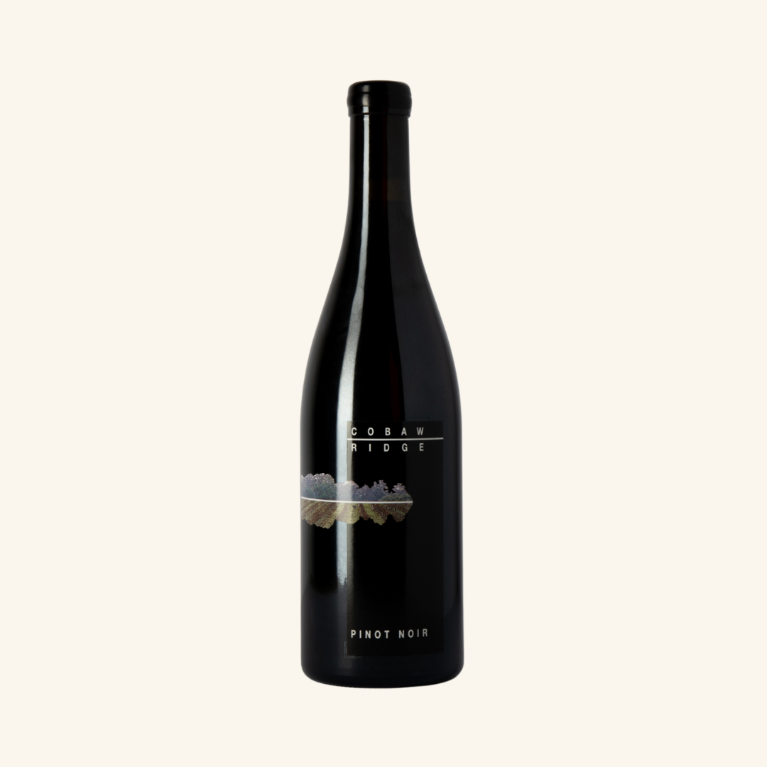 A bottle of Cobaw Ridge Pinot Noir wine with a dark label and a clear display of the wine variety and producer name.
