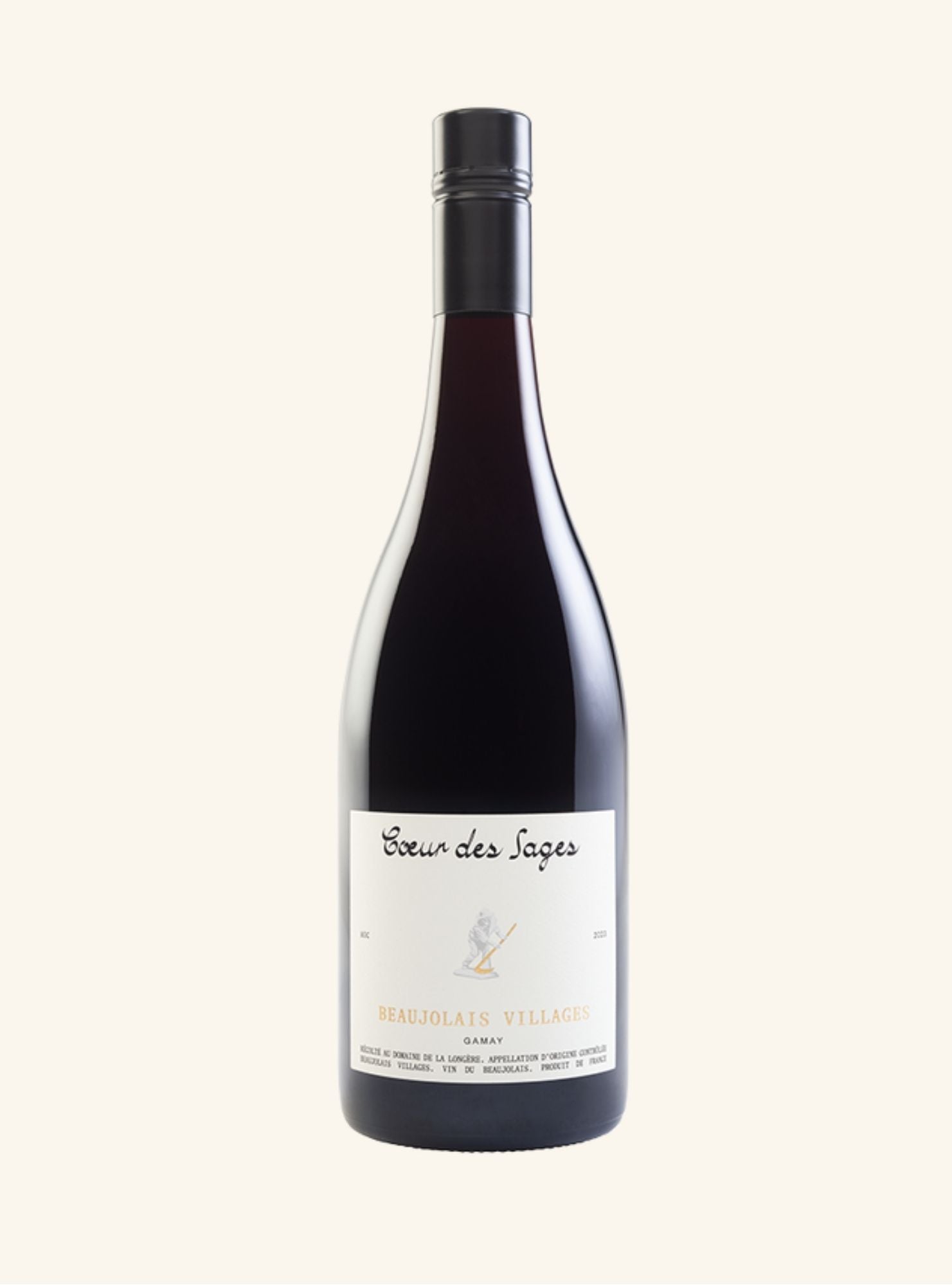Wine bottle with a label branded coeur des sages beaujolais villages gamay on a white background