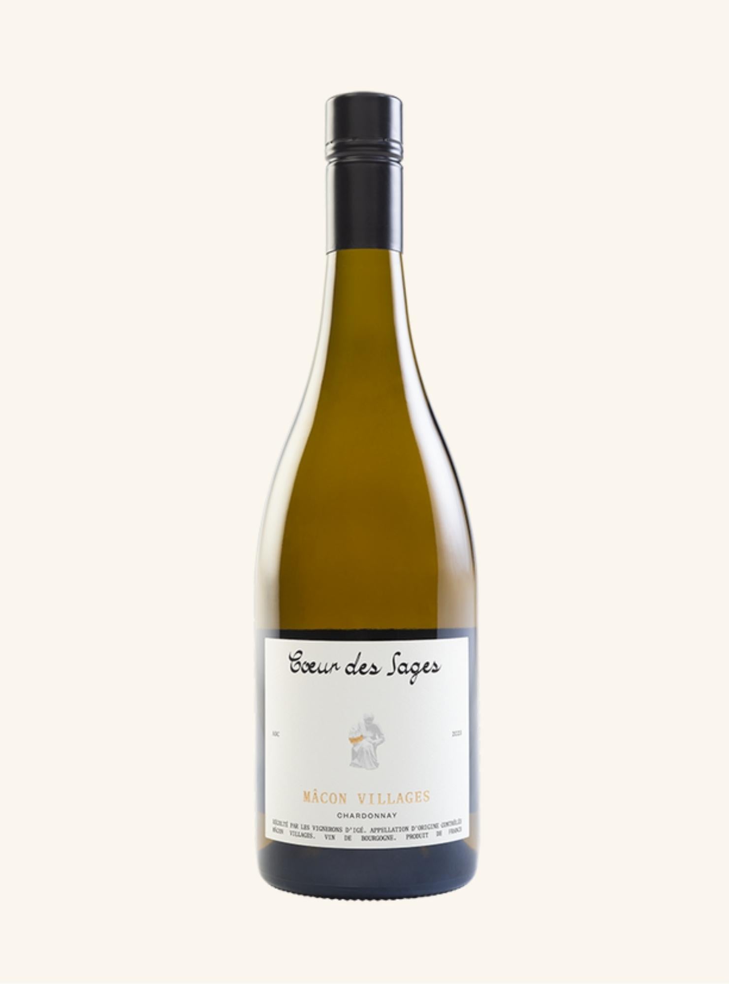 Wine bottle with a label branded coeur des sages macon villages chardonnay on a white background