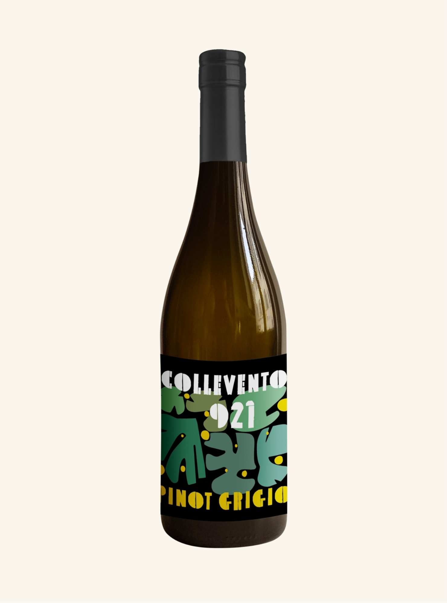 Wine bottle with a colorful label branded collevento 921 pinot grigio, on a white background