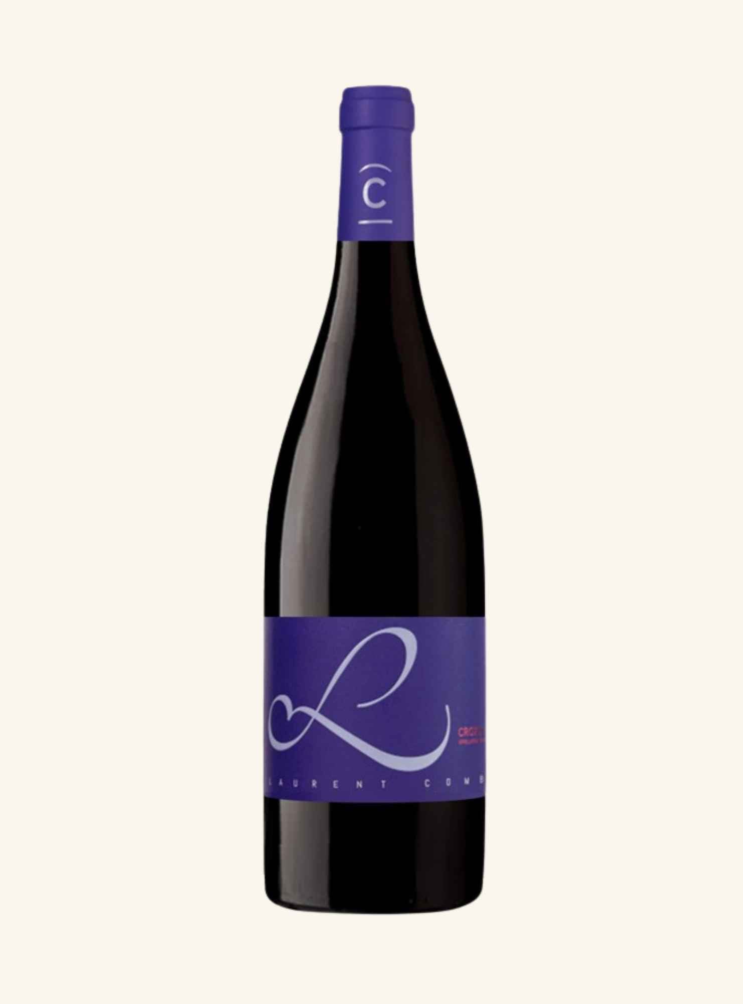 A dark glass wine bottle with a purple capsule and a purple label featuring a white cursive 'L' logo, set against a solid off-white background.