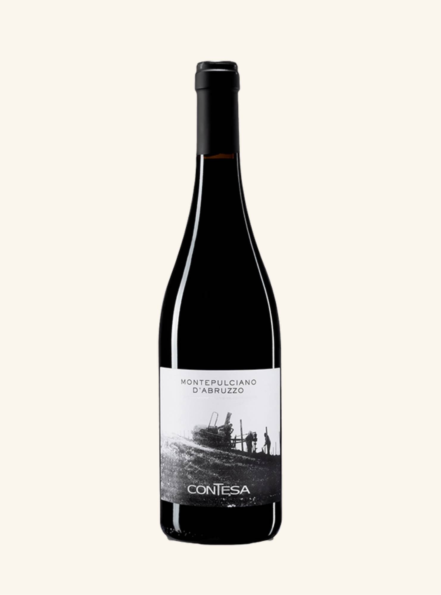 Wine bottle with label branded contesa montepulciano d'abruzzo on a white background