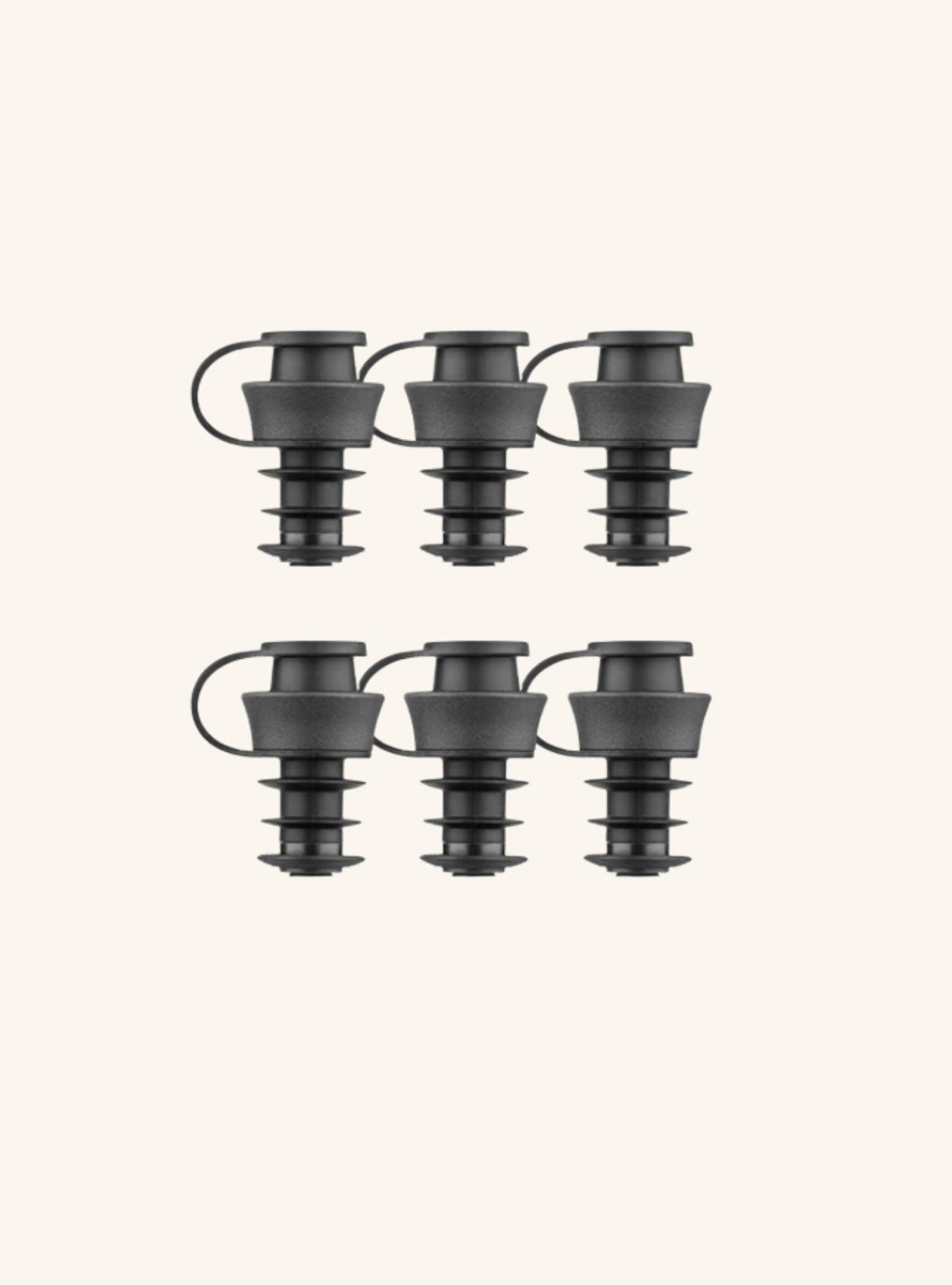 Set of six black coravin pivot stoppers on a white background