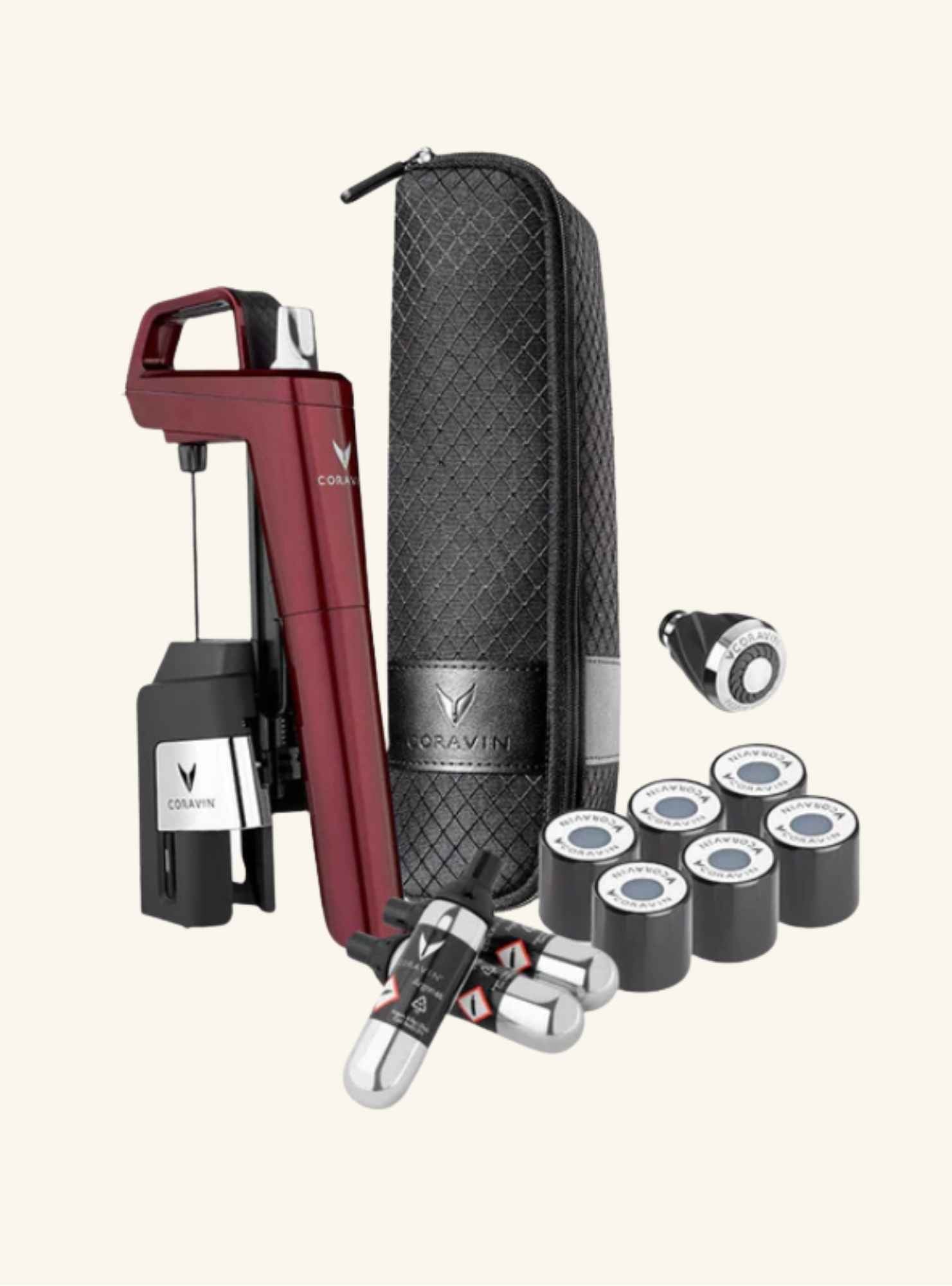 coravin timeless preservation system in hermitage red, pictured with the case, 3 capsules and screwcaps, on a white background.