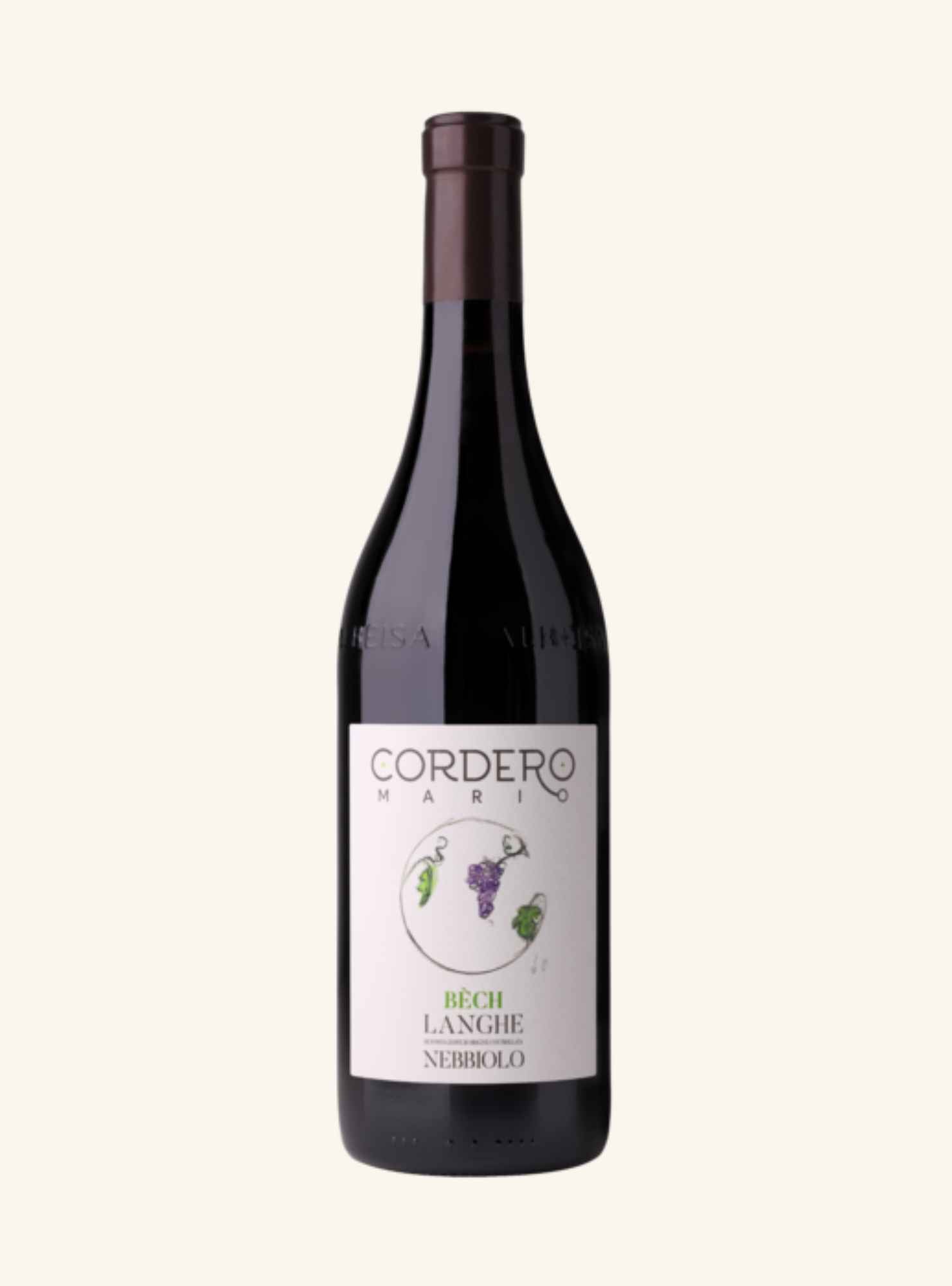 A bottle of Cordero Mario Nebbiolo langhe red wine, featuring a dark glass bottle with a white label and a dark brown foil capsule, set against a solid off-white background.