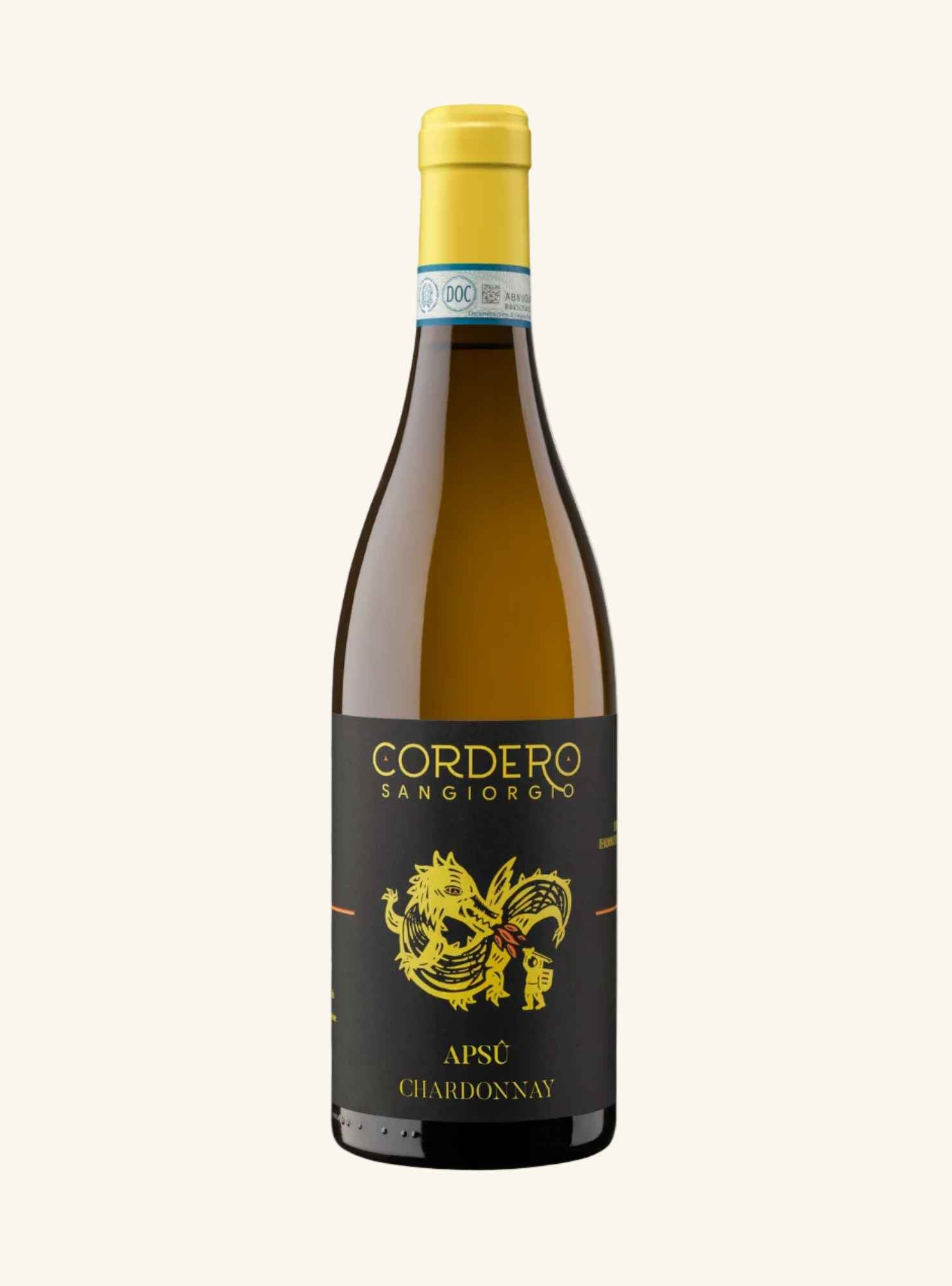 A bottle of Cordero Sangiorgo Apsu Chardonnay white wine, featuring a dark black label with a gold dragon illustration and a yellow capsule cap, set against a solid off-white background.