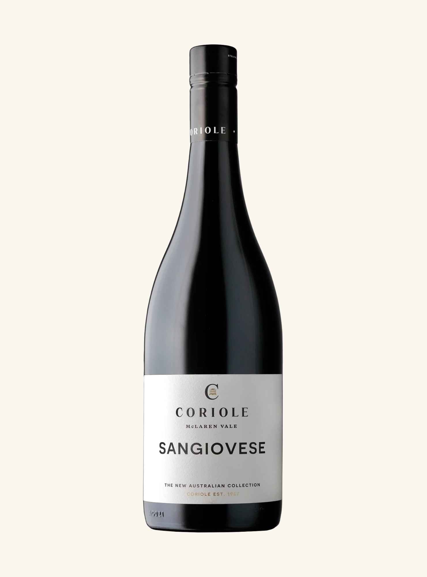 A bottle of Coriole Sangiovese red wine, featuring a dark glass bottle with a white label and black cap, set against a solid off-white background.