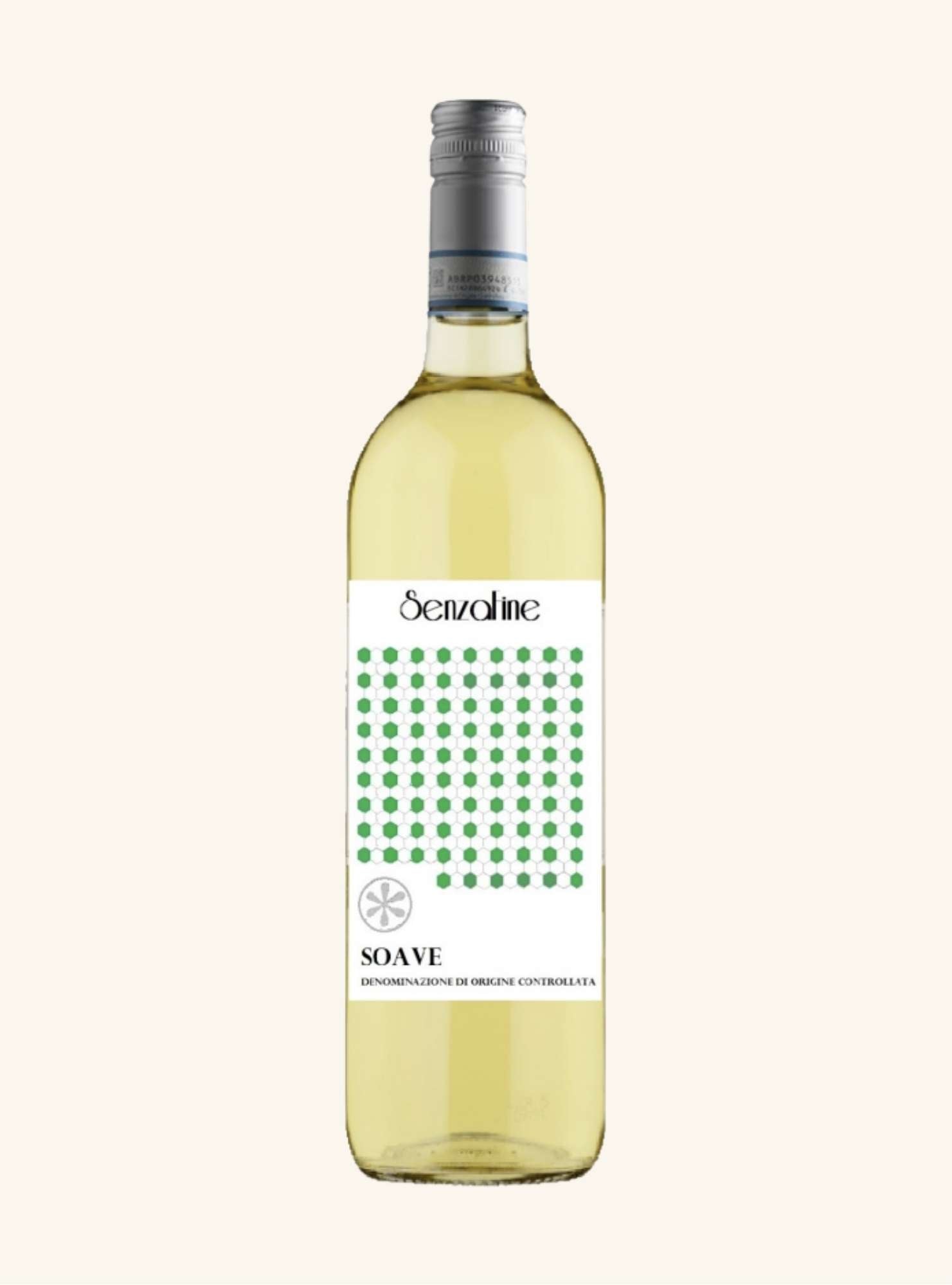 Bottle of Senzafine Soave white wine on a white background