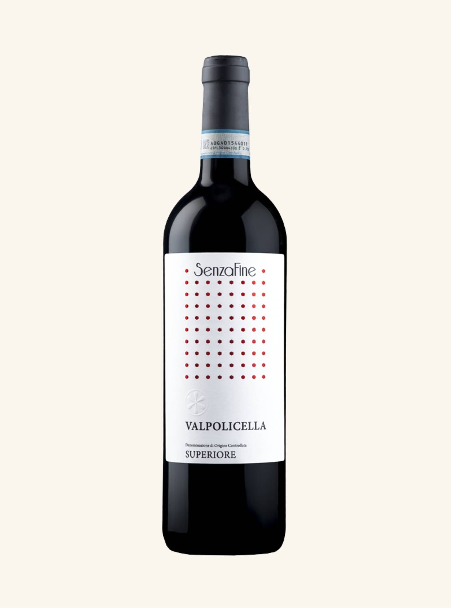 Wine bottle with a white label branded senzafine valpolicella on a white background