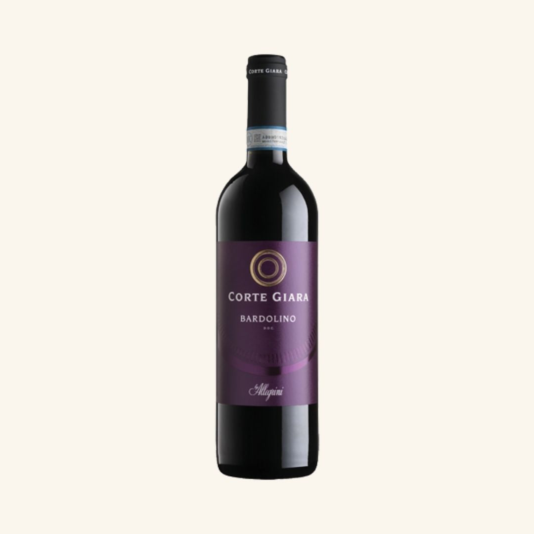 Red wine bottle with purple label branded corte giara bardolino with a double gold circle, on a white background