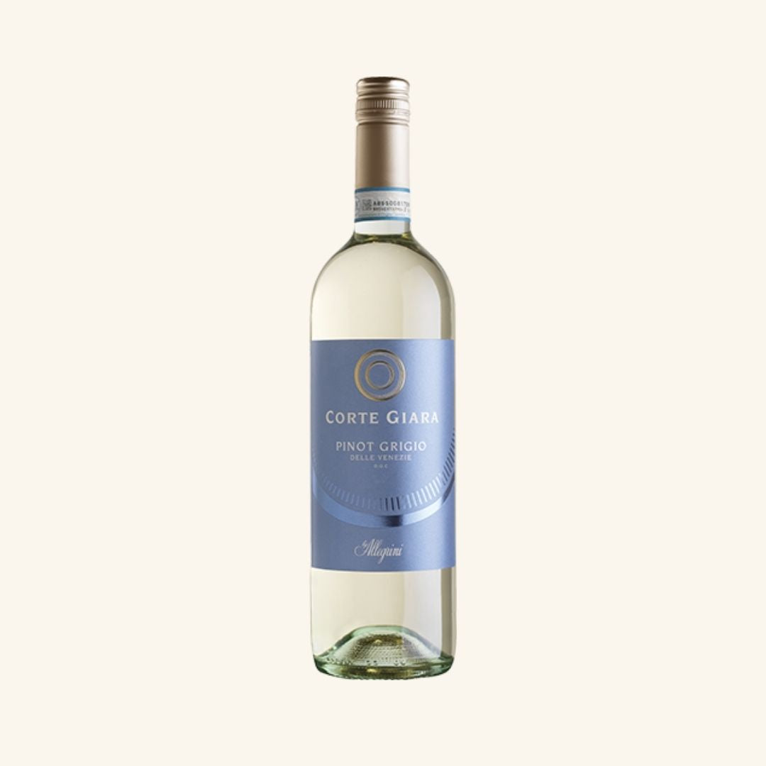Wine bottle with a blue label branded corte giara pinot grigio on a white background