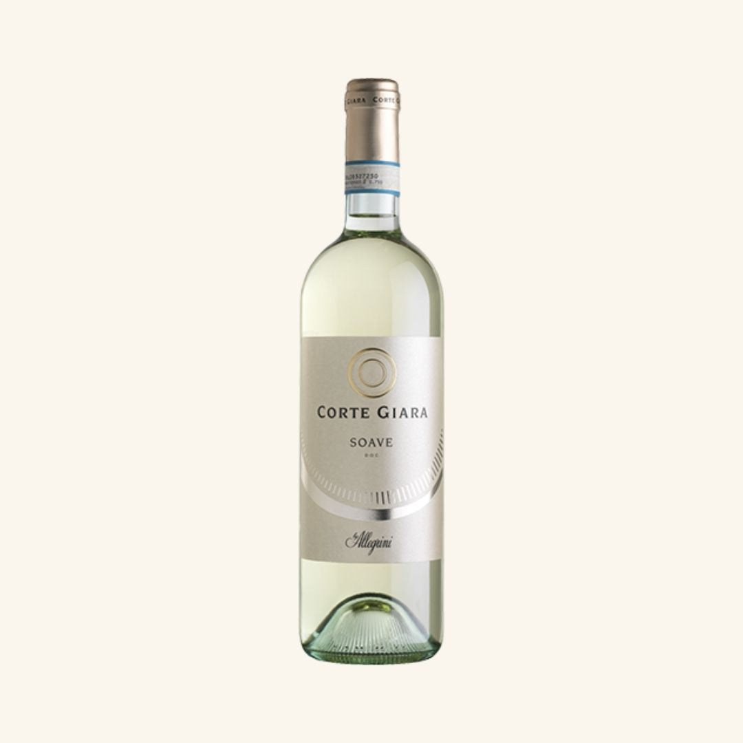 Bottle of Corte Giara Soave wine on a white background