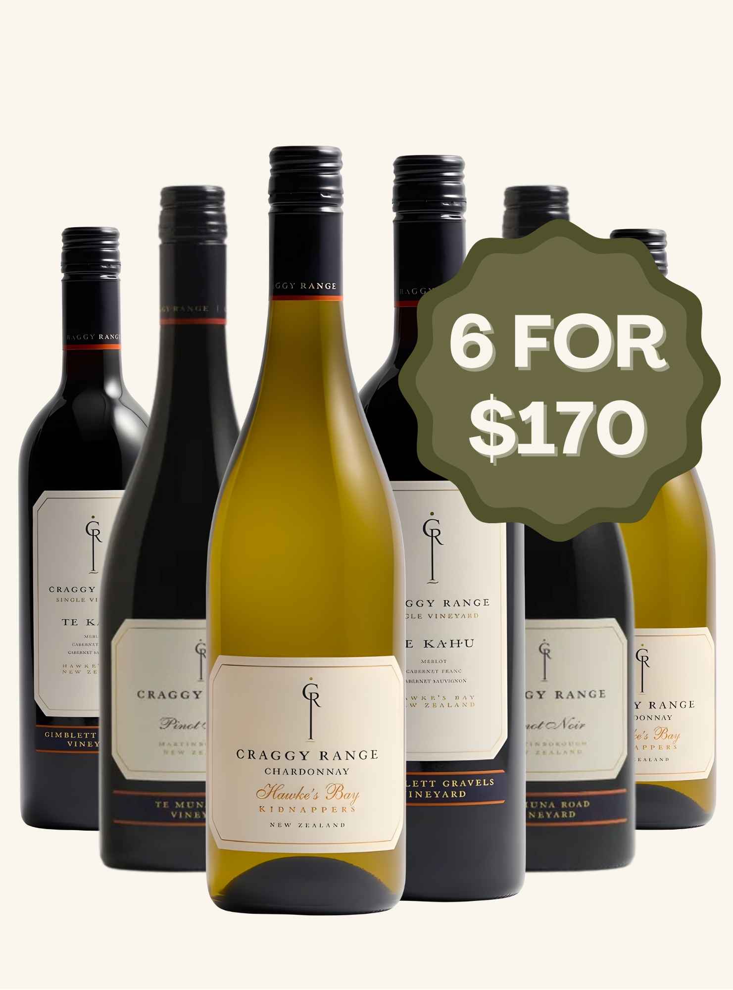 Set of Craggy Range wine bottles with a promotional label on a white background