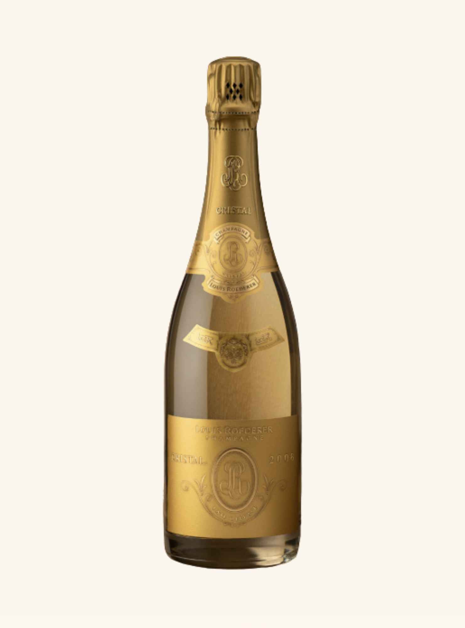 bottle of roederer cristal late release cristal 2008 vintage on a white background.