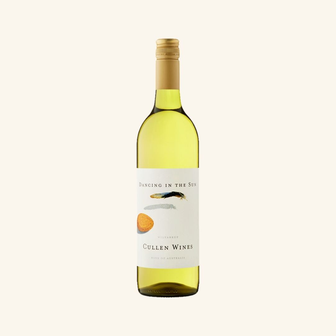 White wine bottle with a label branded cullen wines dancing in the sun on a white background
