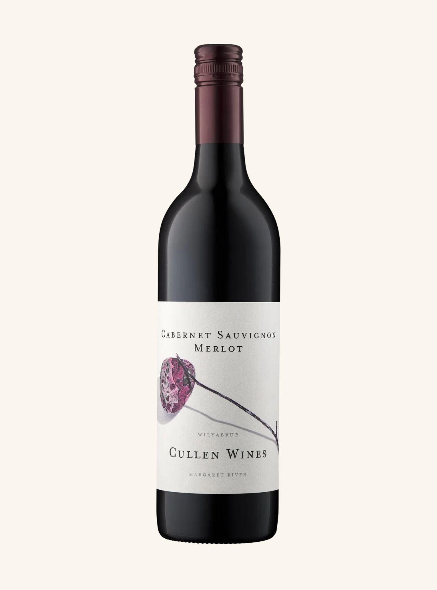 A bottle of Cullen Wines Cabernet Sauvignon Merlot red wine, featuring a dark glass bottle with a white label and a dark burgundy foil capsule, set against a solid off-white background.