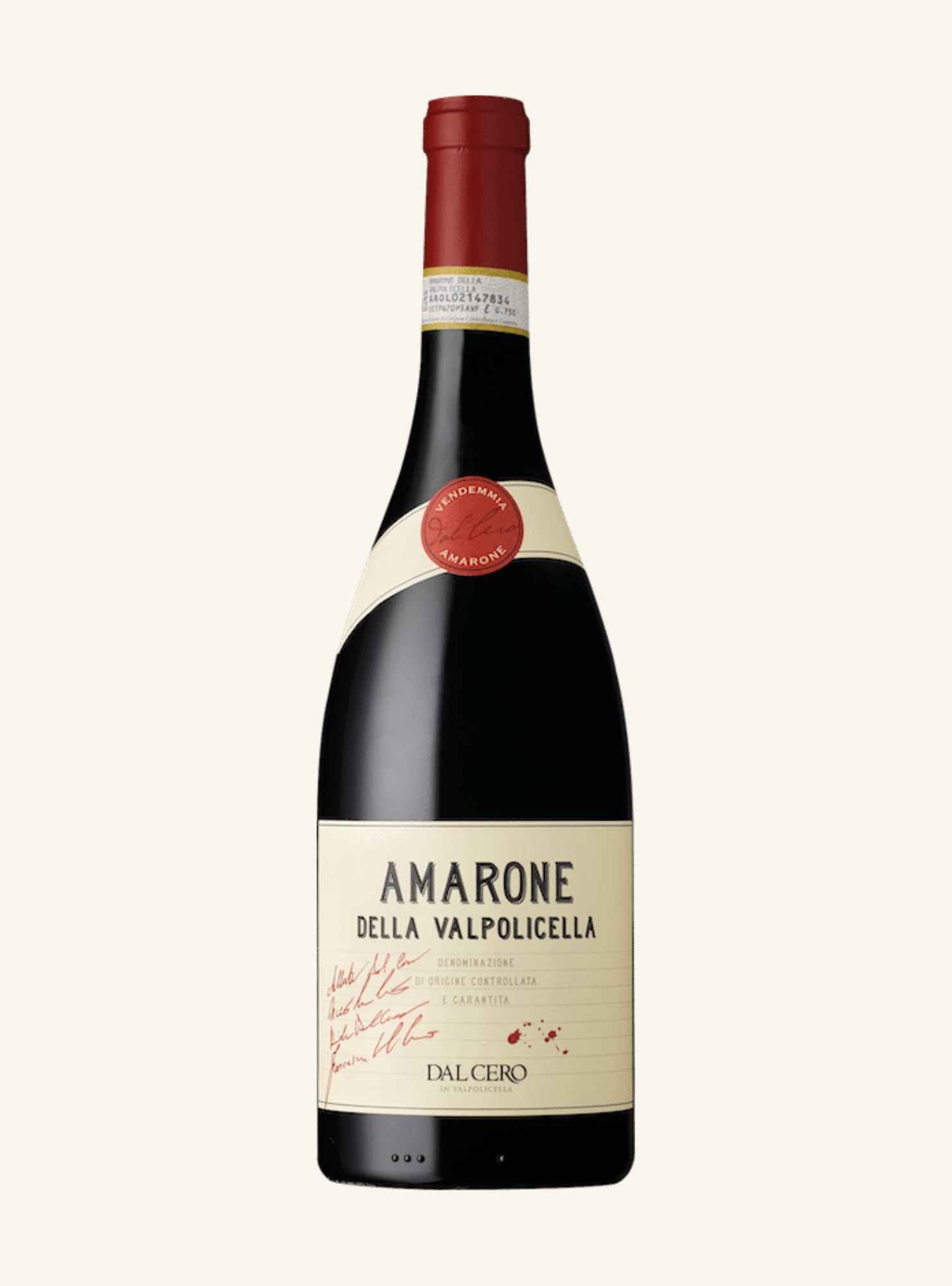 A bottle of Amarone della Valpolicella wine by Dal Cerro, featuring a dark glass bottle with a cream-colored label and a red foil seal, set against a solid off-white background.