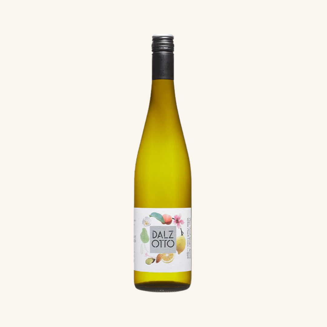 A bottle of Dal Zotto Pinot Bianco wine with a white label featuring fruit illustrations and the brand name prominently displayed.