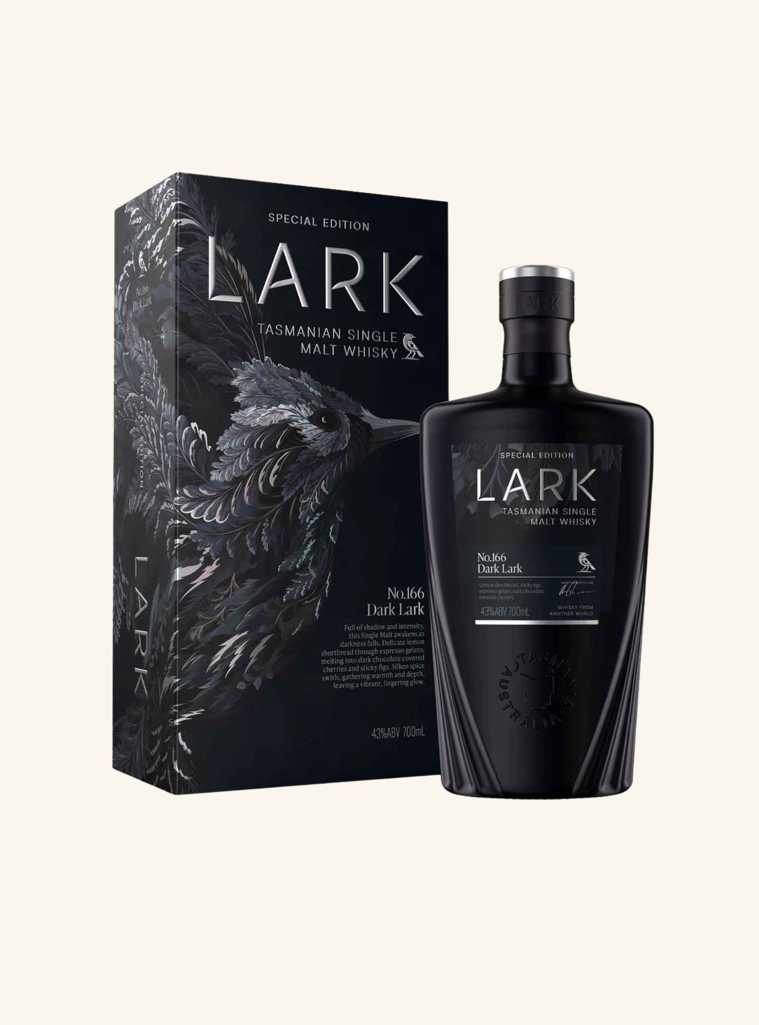 A bottle of Lark No.166 Dark Lark Tasmanian Single Malt Whisky next to its black packaging box, both featuring a dark raven design, set against a solid off-white background.