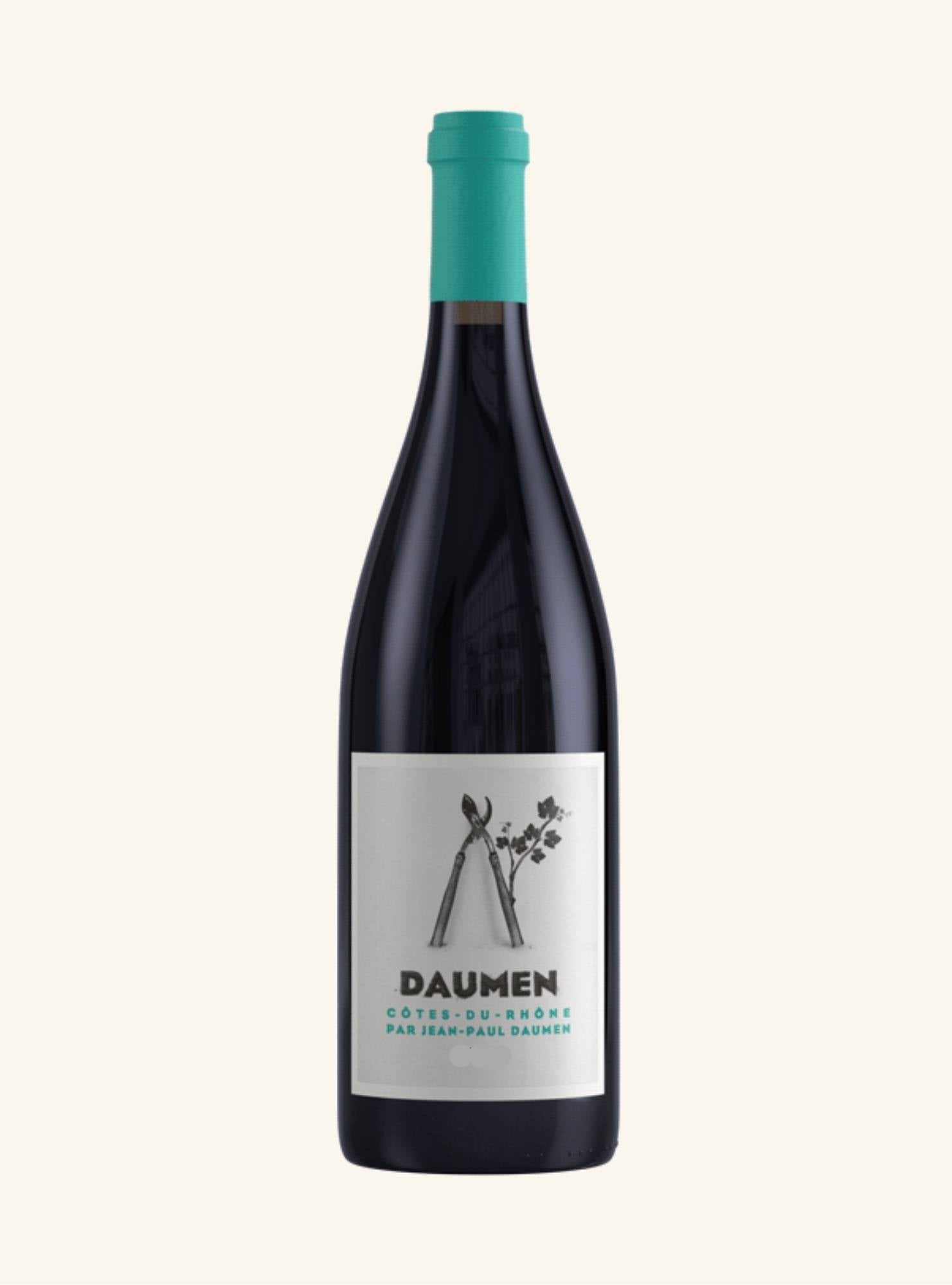 Wine bottle with a green cap and white label branded Daumen cotes du rhone on a light gray background