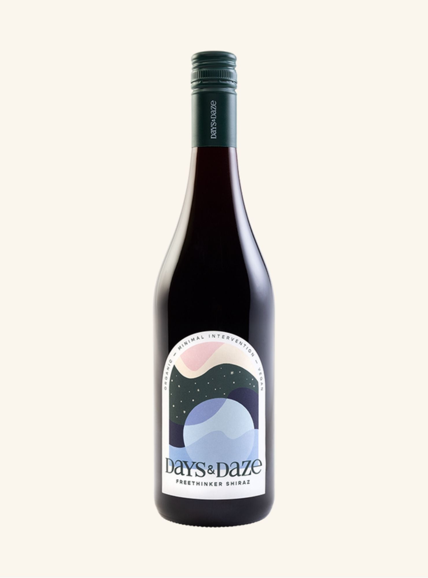 Wine bottle labeled 'days & daze shiraz' on a white background