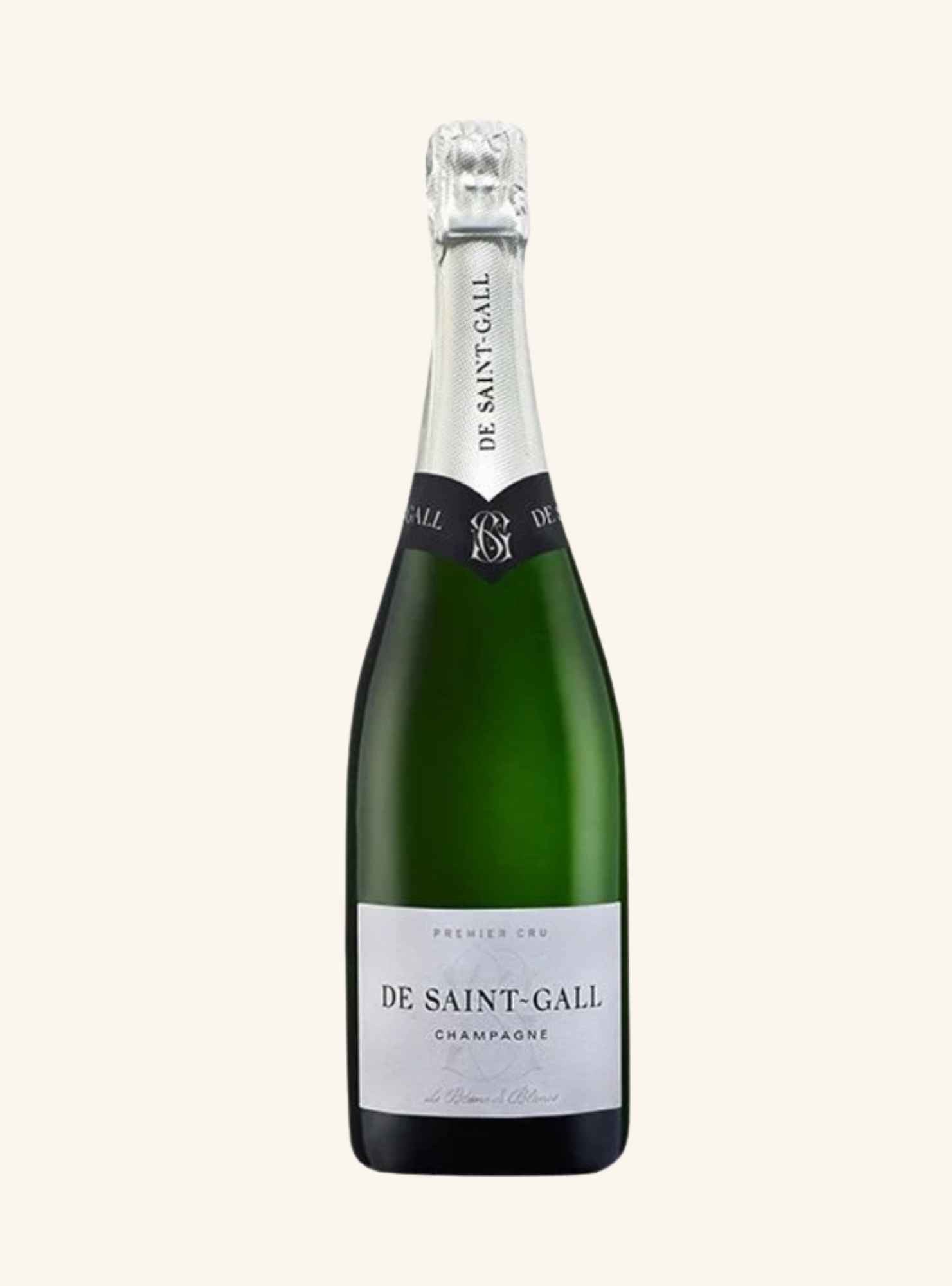 A bottle of De Saint-Gall Champagne on a solid off-white background. The bottle is made of dark green glass with a silver foil capsule and a white label.