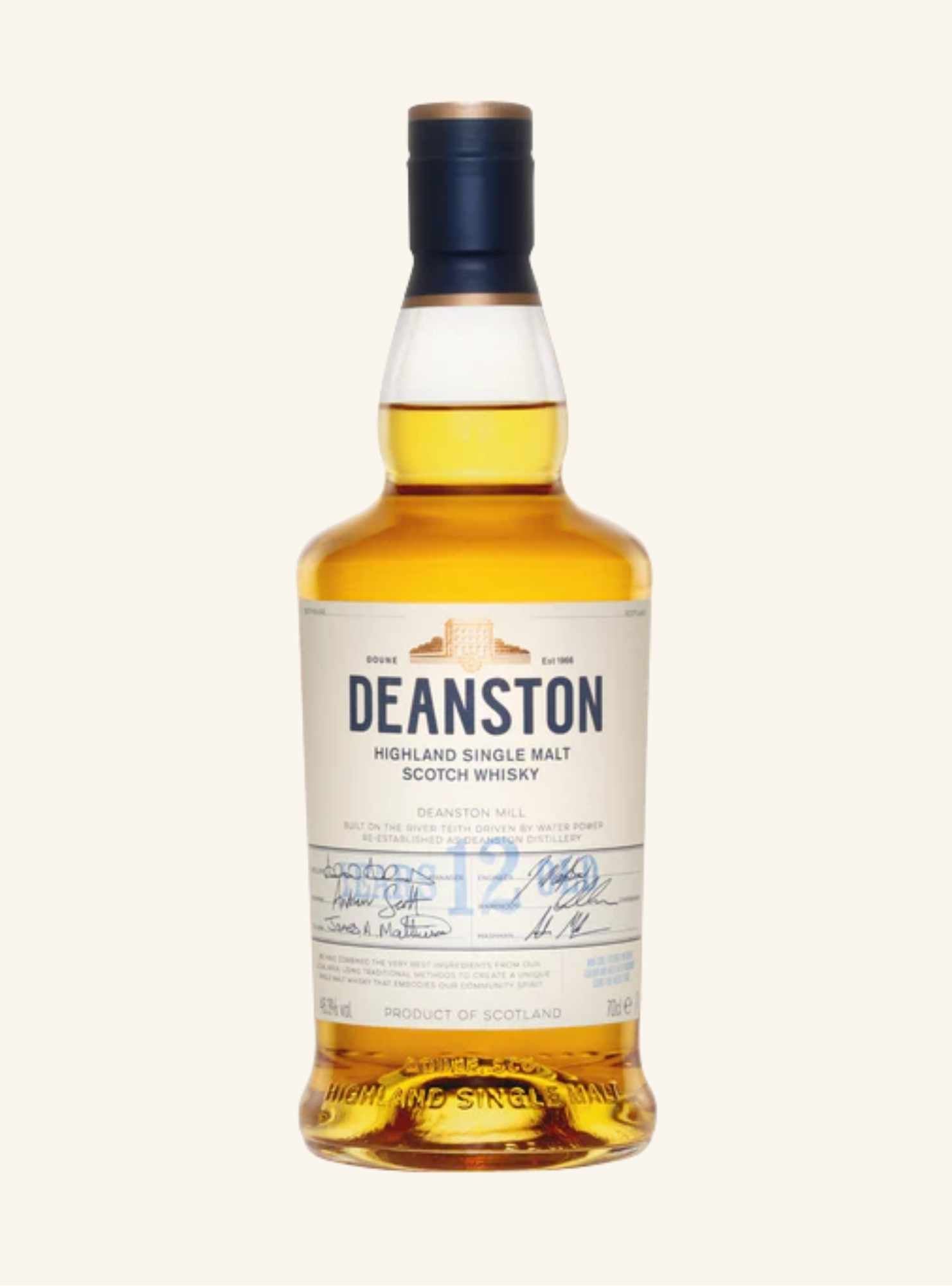 Deanston 12-year-old Scotch Whisky bottle on a white background