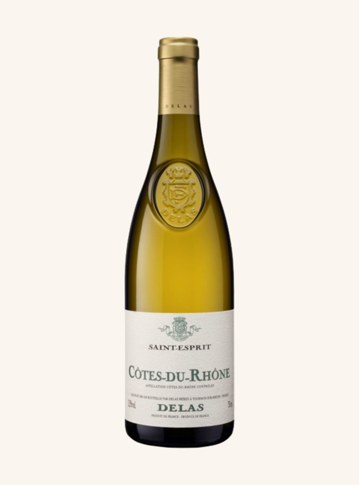 Wine bottle of Cotes-du-Rhone Delas Blanc on a white background