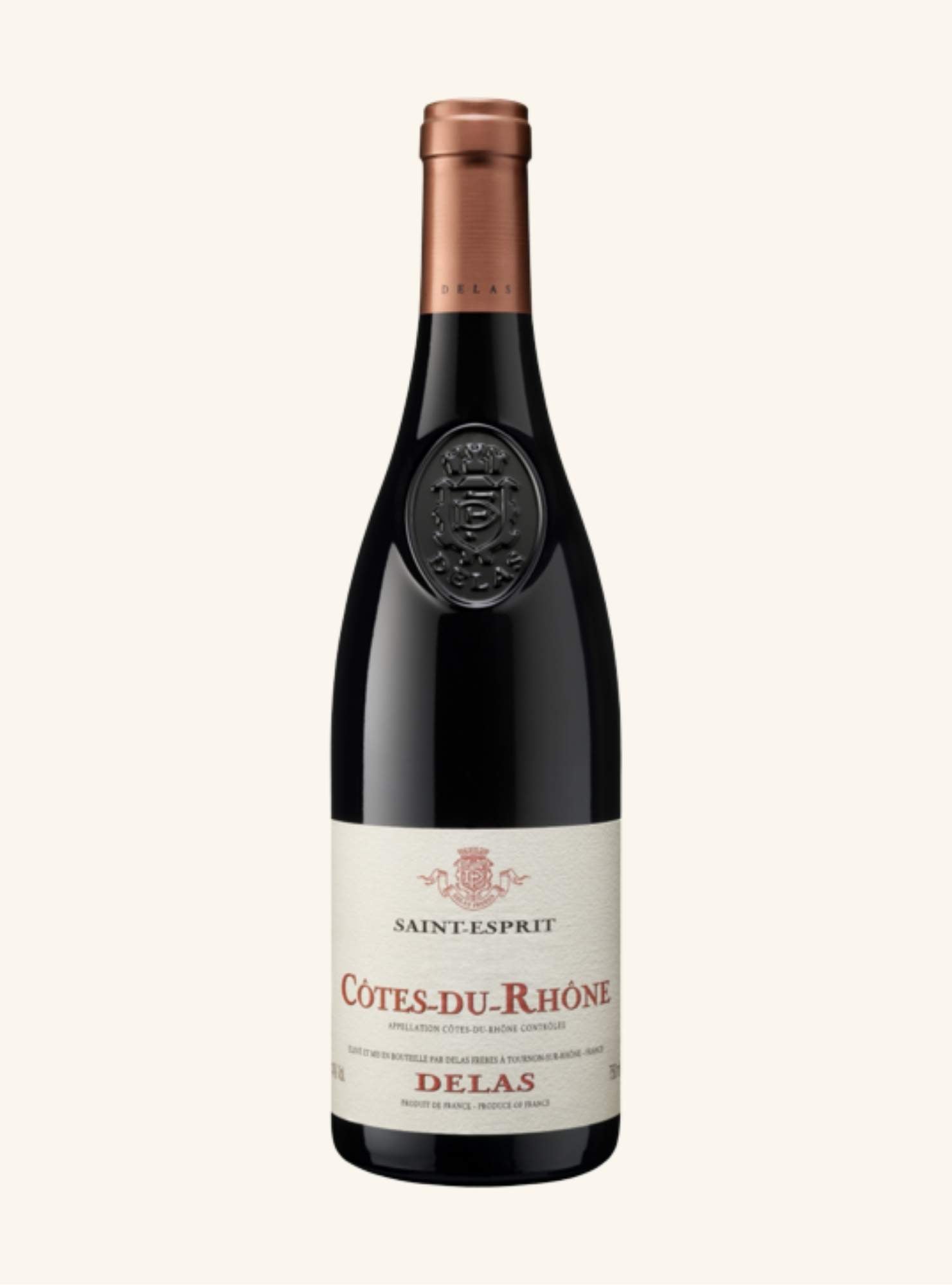 Wine bottle of Côtes-du-Rhène Delas rouge on a white background