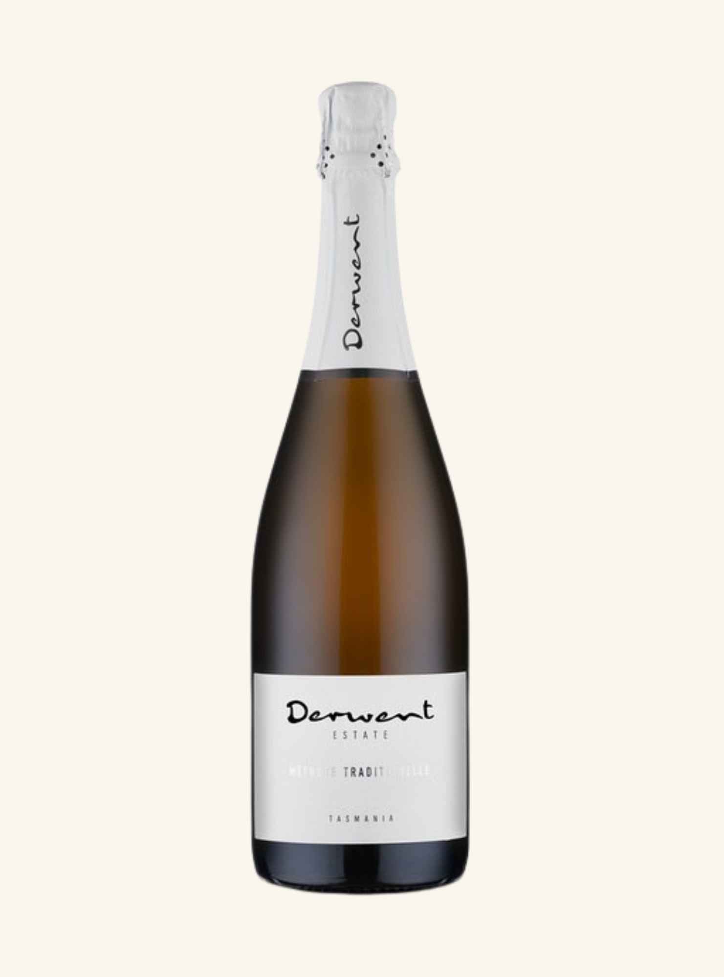 A bottle of Derwent Estate Traditional Method Sparkling Wine, featuring a dark brown glass bottle, a white foil capsule, and a white label, set against a solid off-white background.