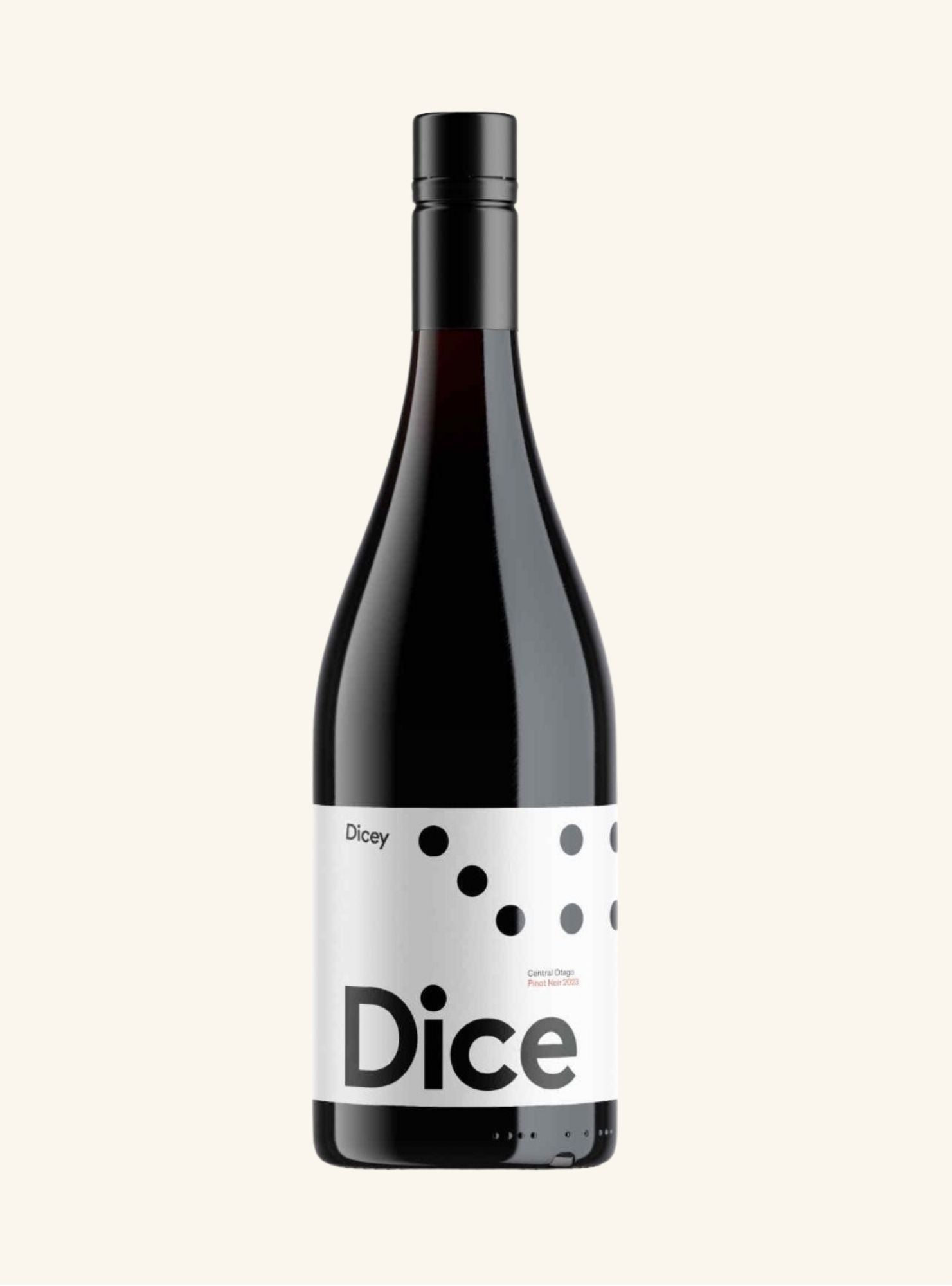 Wine bottle with 'Dicey Dice' label on a white background
