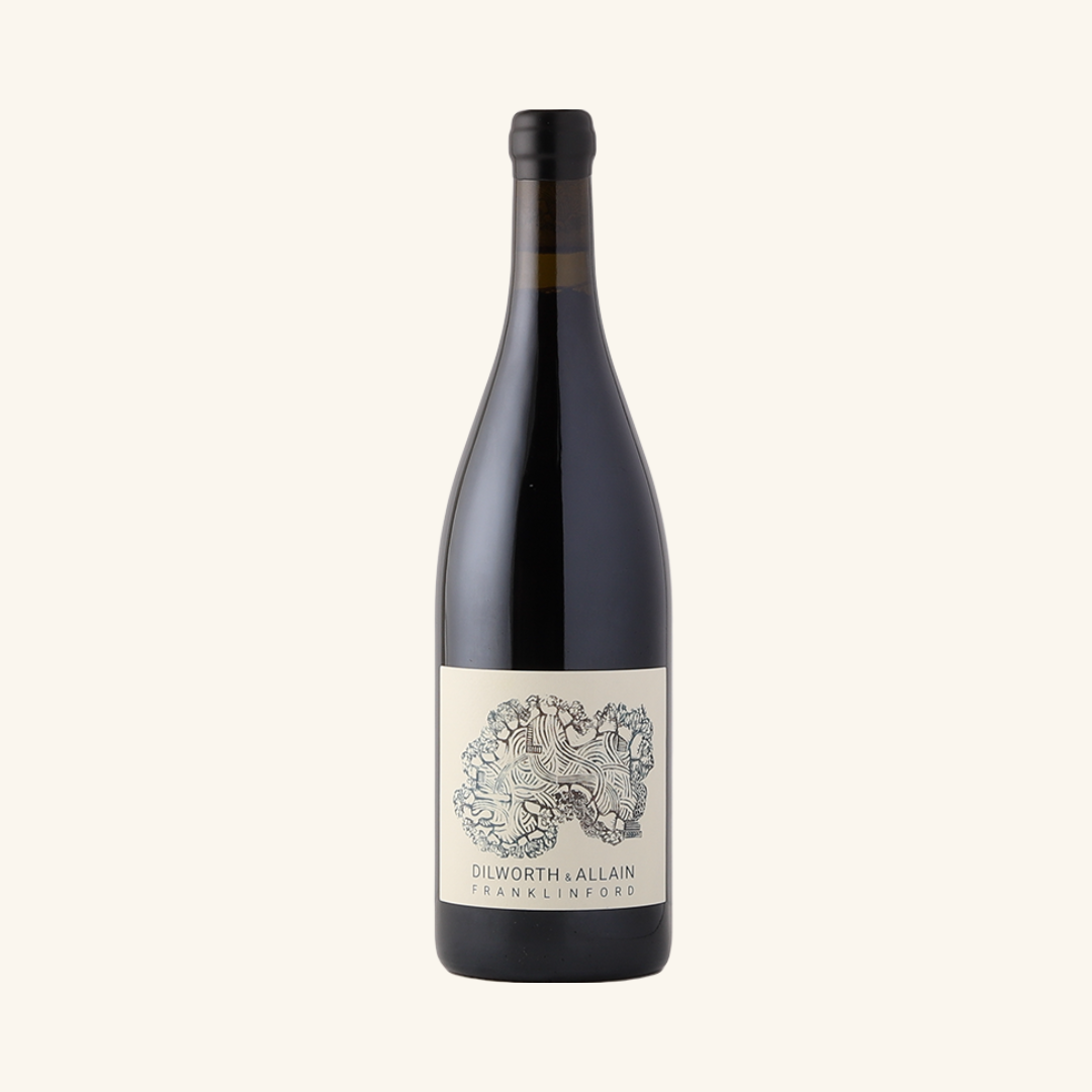 A bottle of Dilworth and Allain Franklinford Dolcetto wine with a label depicting a floral design.