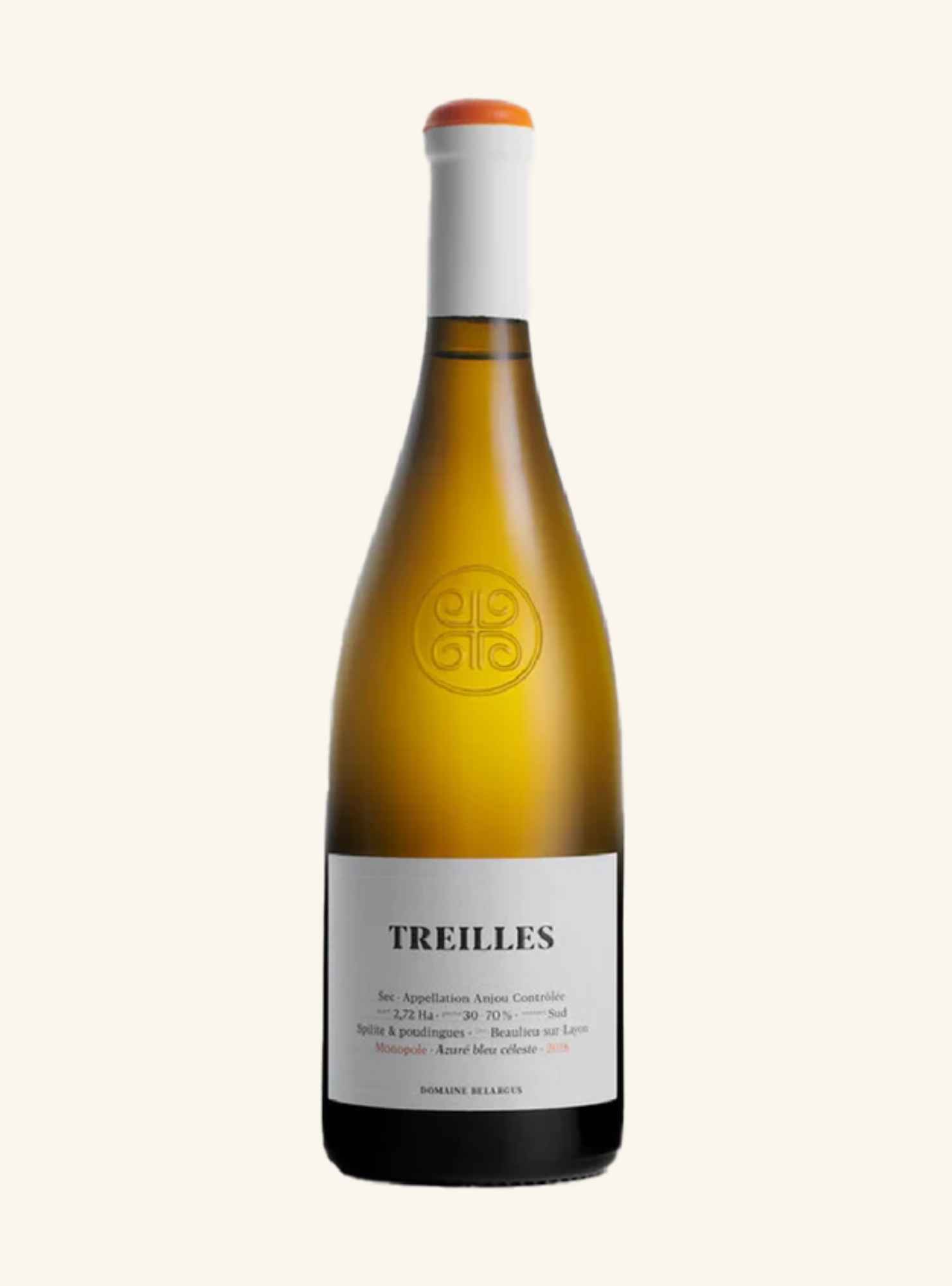 domaine belargus treilles with a white label, white cap, super imposed on a beige background.