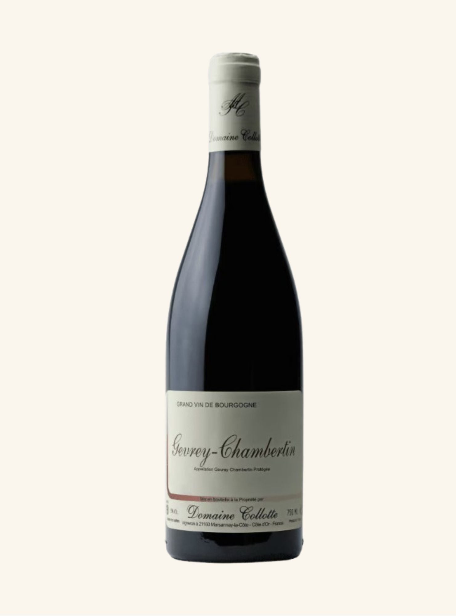 Wine bottle with a label identifying it as Gevrey-Chambertin by Domaine Collotte  on a light beige background