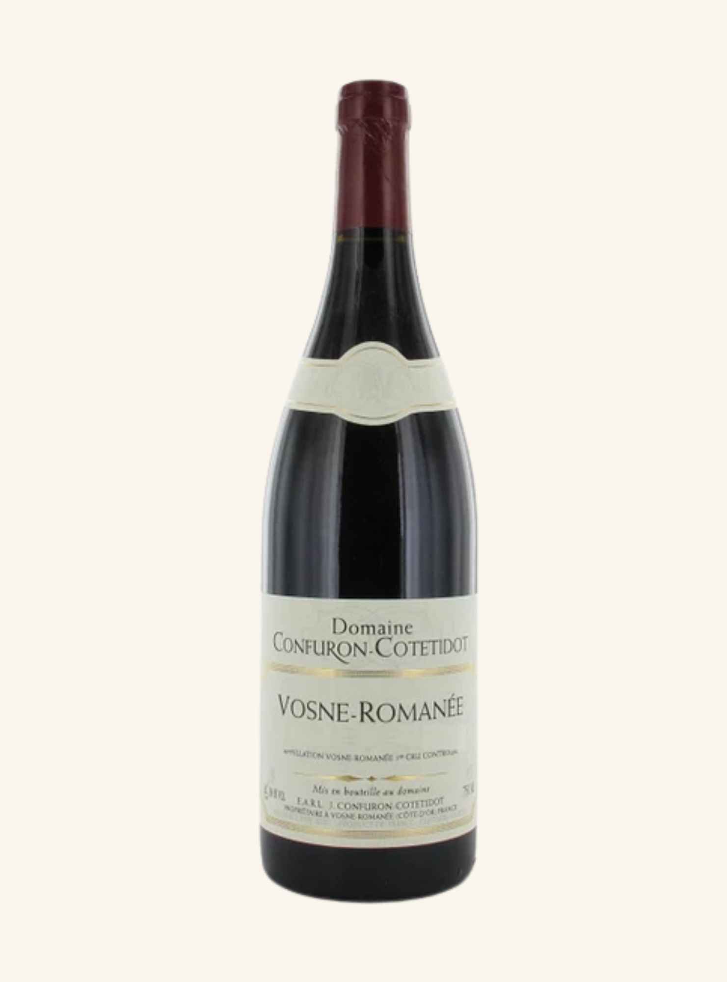 bottle of red wine with a white label branded domaine conuron cotetidot vosne romanee, on a white background.