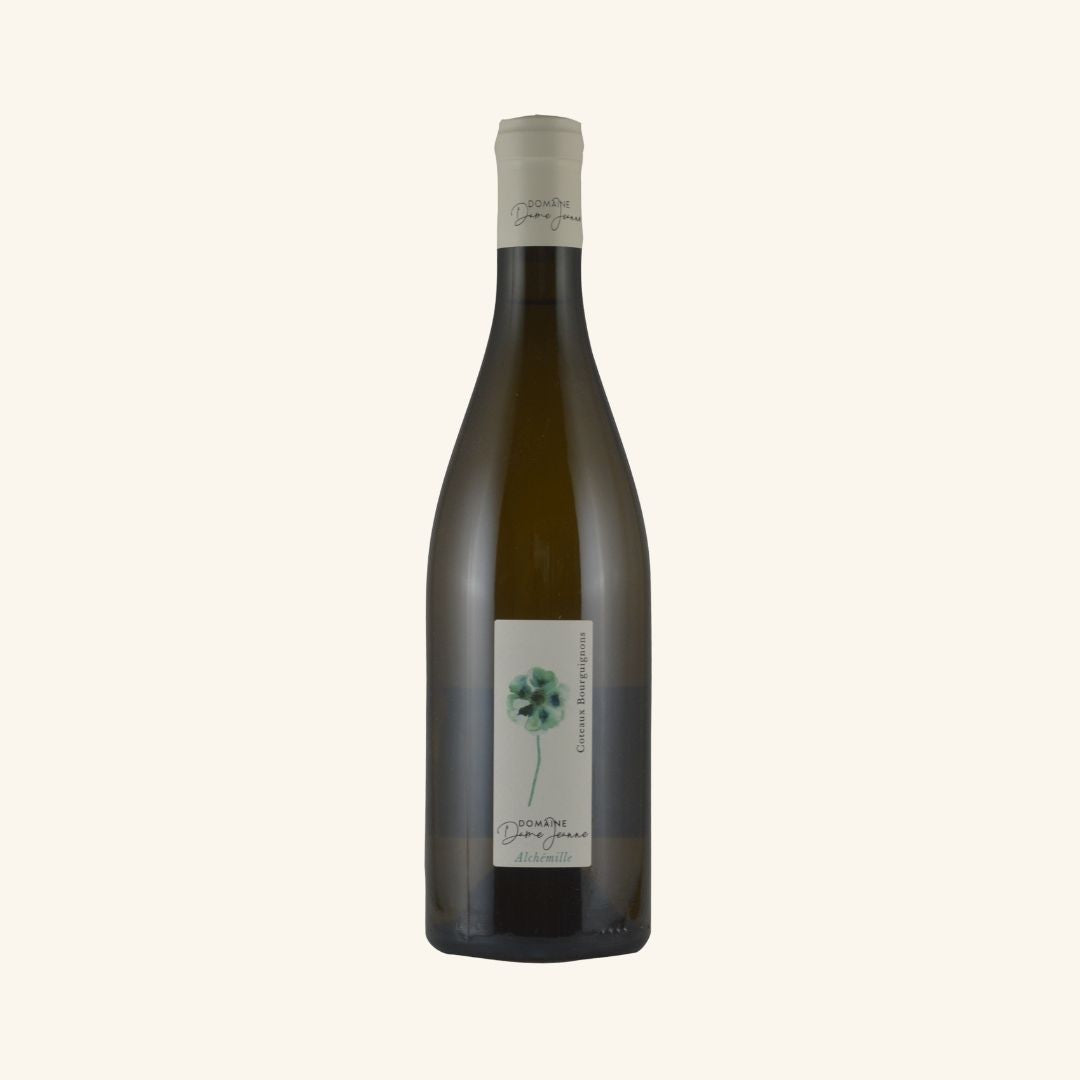 Wine bottle with a label branded domaine dame jeanne alchemille on a white background
