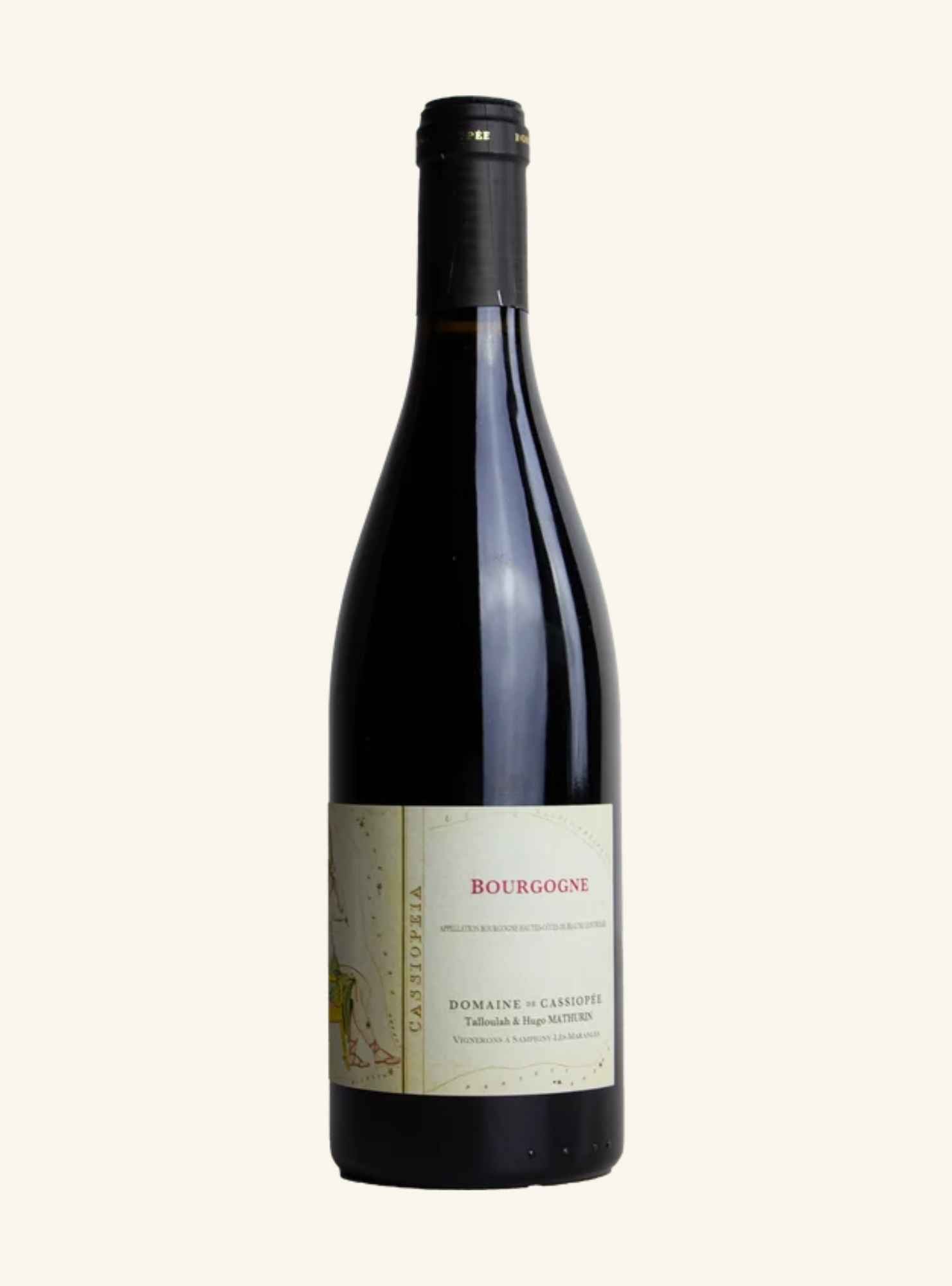 A single bottle of Bourgogne red wine from Domaine de Cassiopee, photographed against a solid off-white background. The bottle is made of very dark glass, appearing black, with a cream-colored label featuring red and black text.