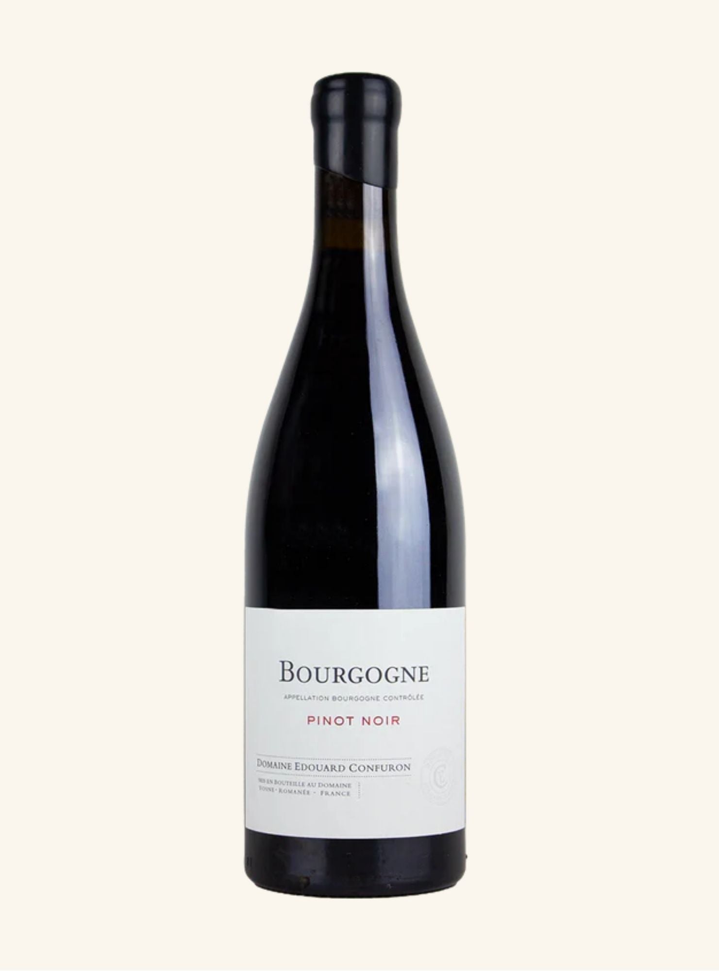 Bottle of Bourgogne Pinot Noir by domaine Edouard Confuron wine on a white background