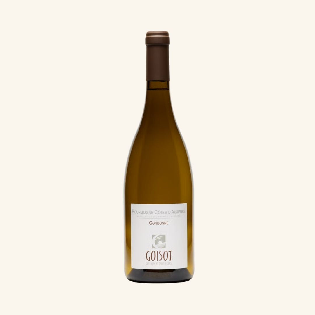 Wine bottle with a white label branded gondonne goisot on a light beige background