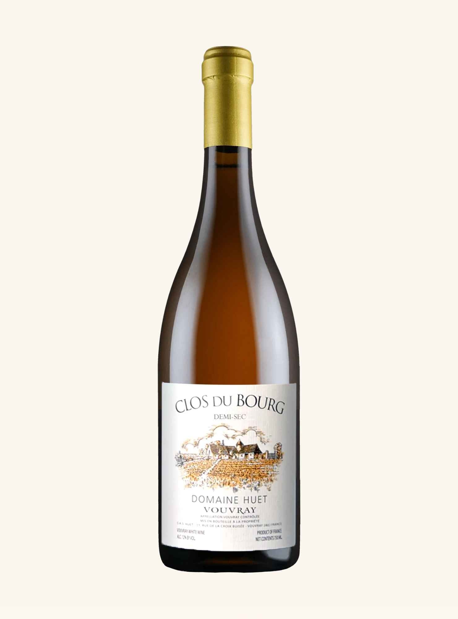 A bottle of Clos du Bourg vouvray by domaine huet Vin white wine with a gold foil top and a white label featuring a vintage illustration, set against a solid off-white background