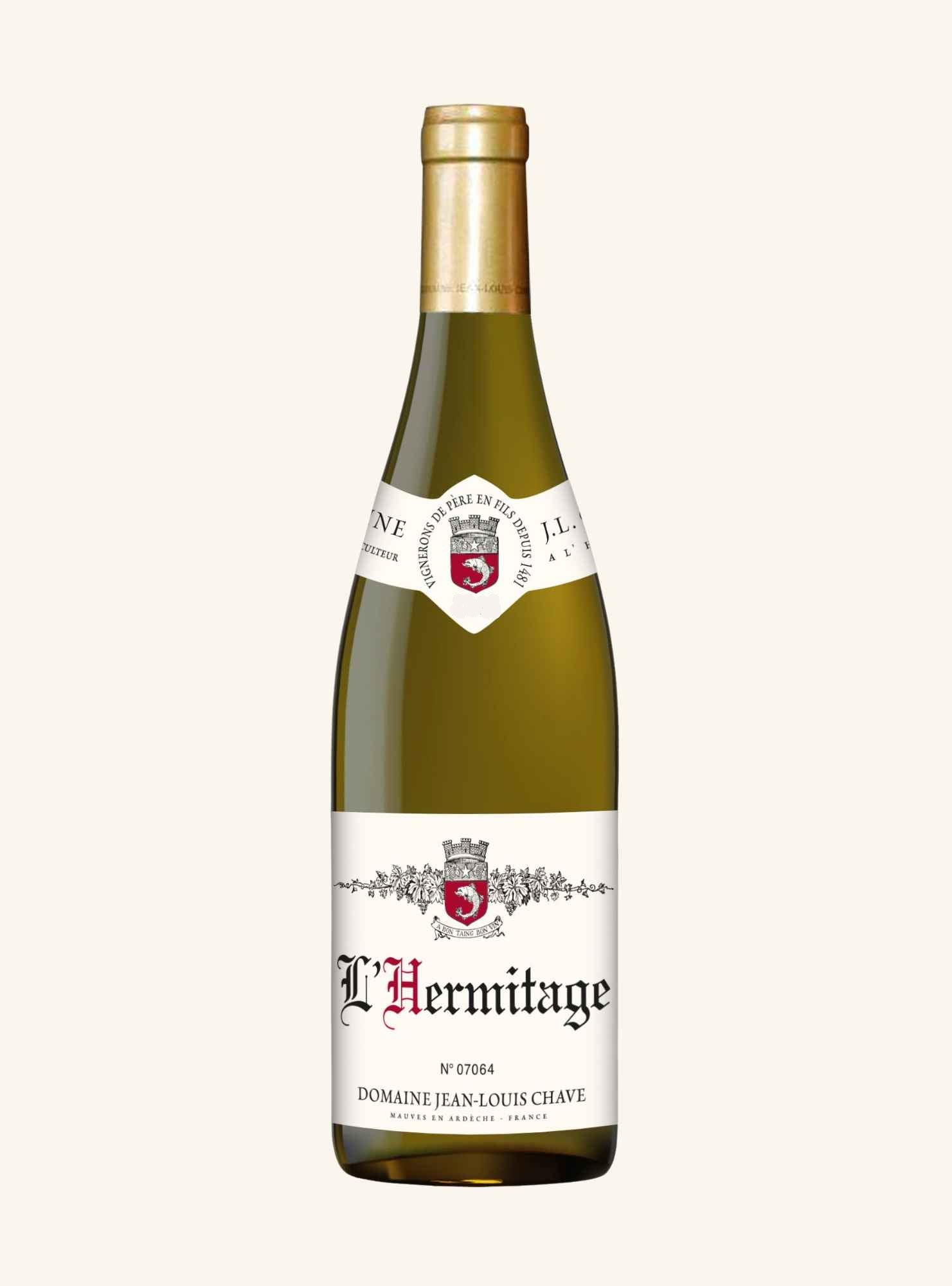 bottle of white wine branded hermitage by domaine jean-louis chave on a white background.